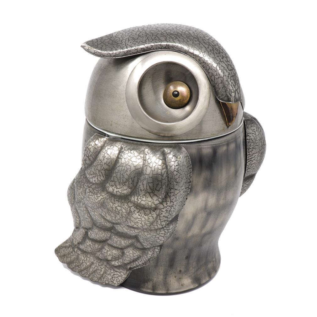 Vintage Owl Shaped Pewtertone Olde Tankardware Ice Bucket. The charming large ice bucket assembled from magnetic metallic parts in a pewterlike finish with body, wings and eyes all of molded metal. The wings and brow have a textured cloud form