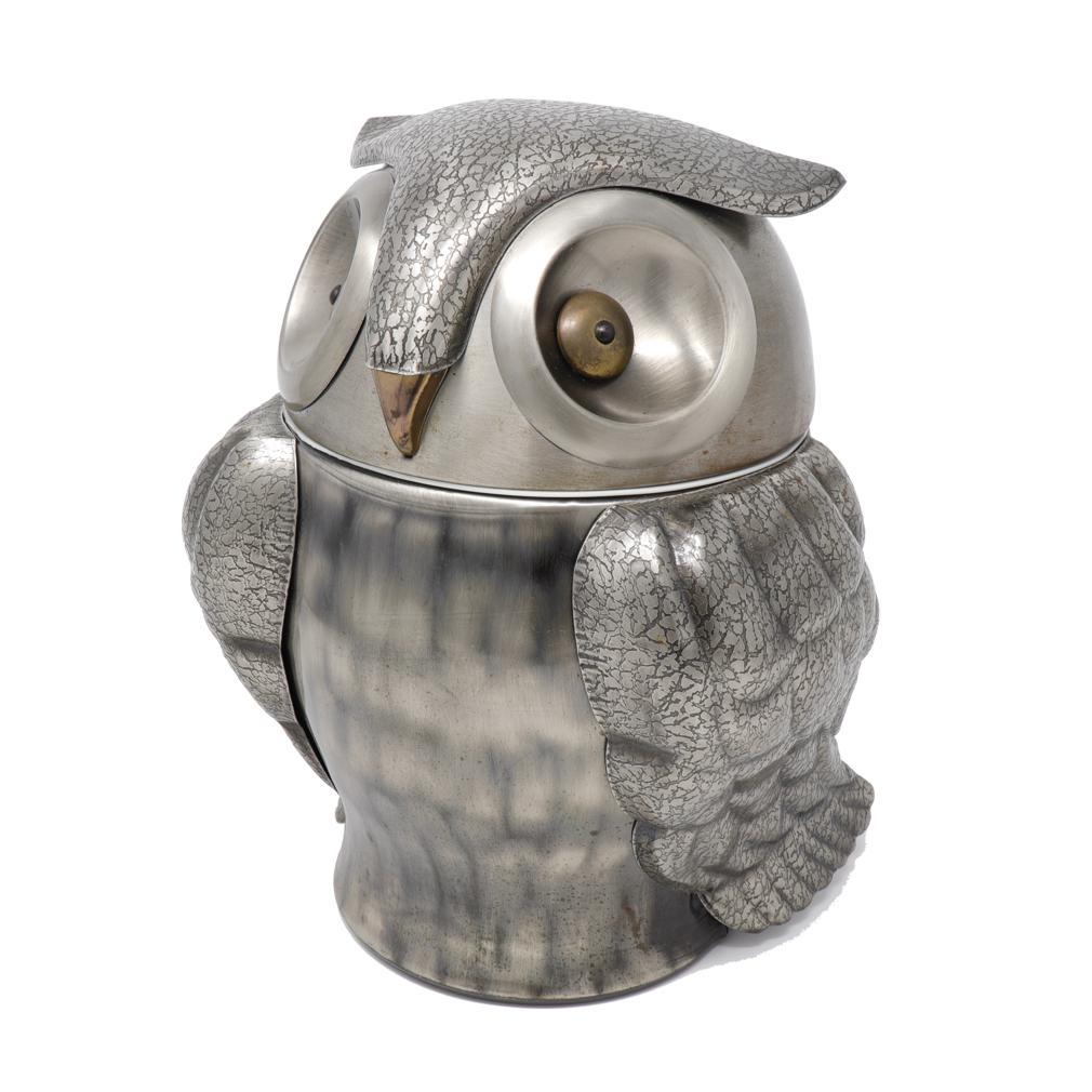 Vintage Owl Shaped Pewtertone Olde Tankardware Ice Bucket In Good Condition In Point Richmond, CA