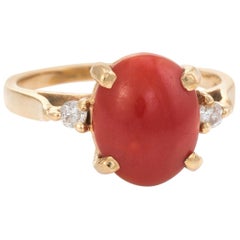 Vintage Ox Blood Coral Diamond Ring 14 Karat Gold Small Cocktail Estate Jewelry