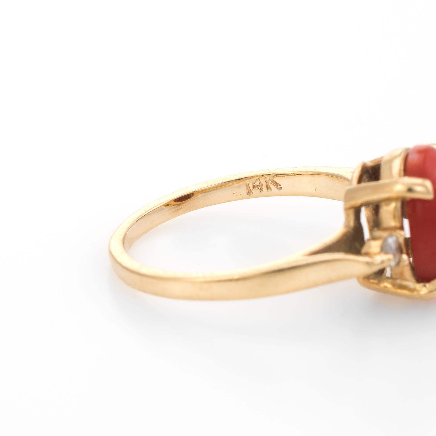 Vintage Ox Blood Coral Diamond Ring 14 Karat Gold Small Cocktail Estate Jewelry In Excellent Condition In Torrance, CA