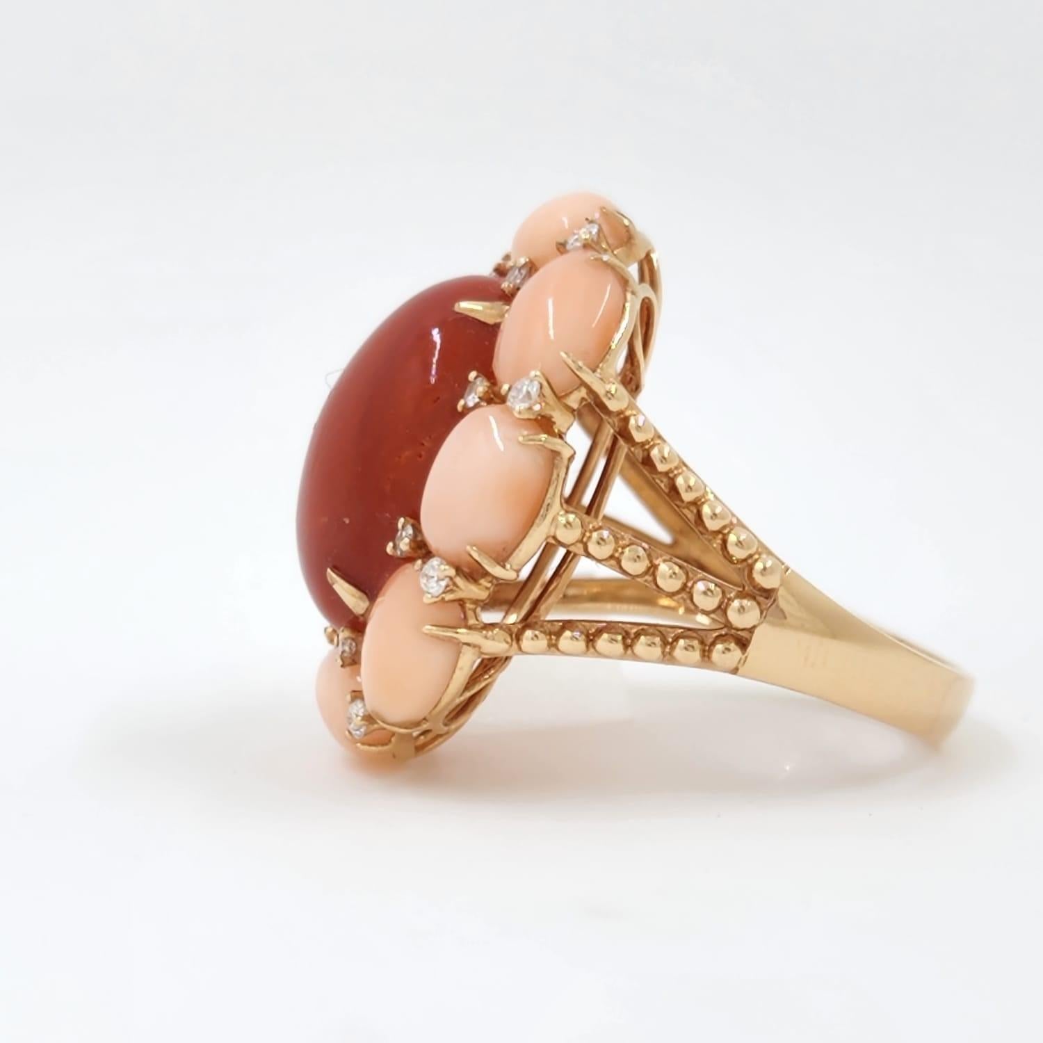 Contemporary Vintage Ox-Blood Coral with Angel-Skin Coral in 18K Rose Gold Diamond Ring For Sale
