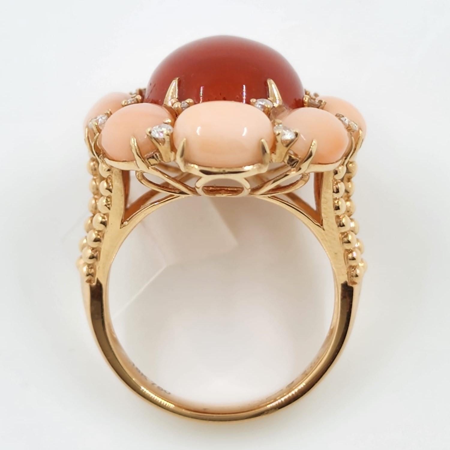 Oval Cut Vintage Ox-Blood Coral with Angel-Skin Coral in 18K Rose Gold Diamond Ring For Sale