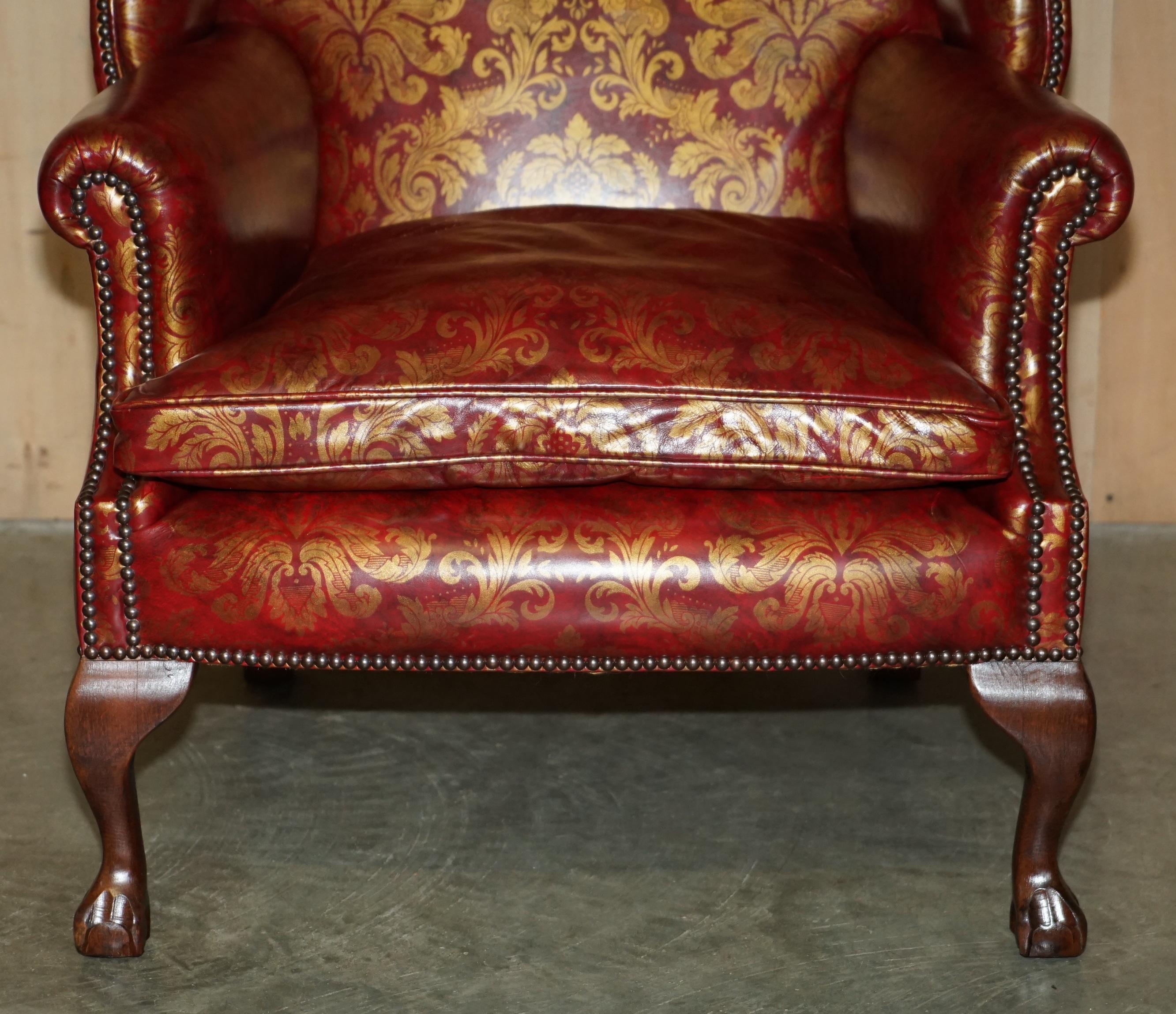 VINTAGE OXBLOOD CLAW & BALL FEET DAMASK LEATHER WiNGBACK ARMCHAIR & FOOTSTOOL For Sale 3