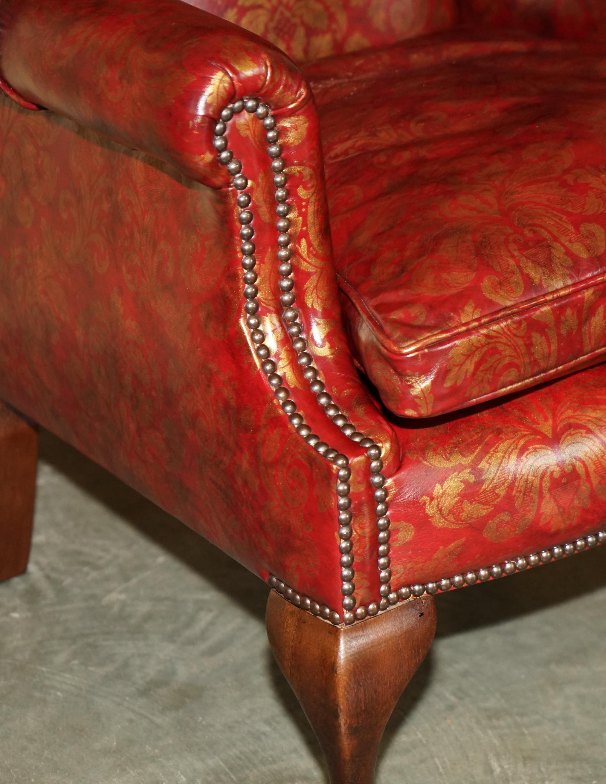 VINTAGE OXBLOOD CLAW & BALL FEET DAMASK LEATHER WiNGBACK ARMCHAIR & FOOTSTOOL For Sale 4