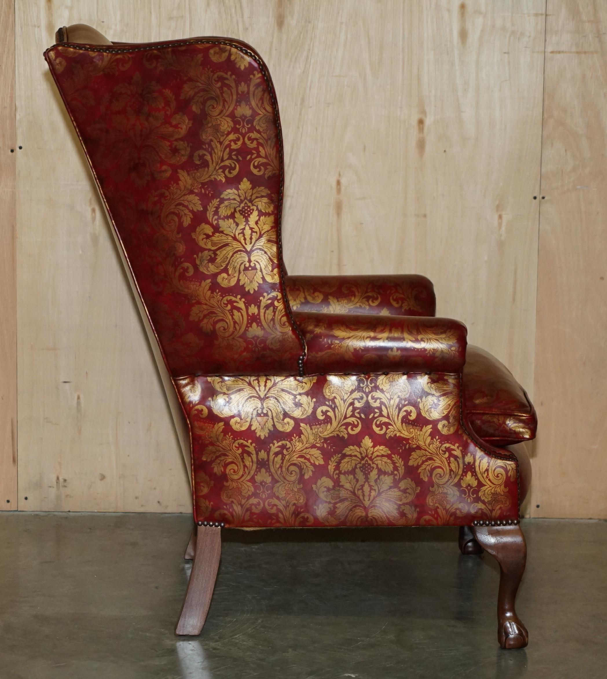 VINTAGE OXBLOOD CLAW & BALL FEET DAMASK LEATHER WiNGBACK ARMCHAIR & FOOTSTOOL im Angebot 5