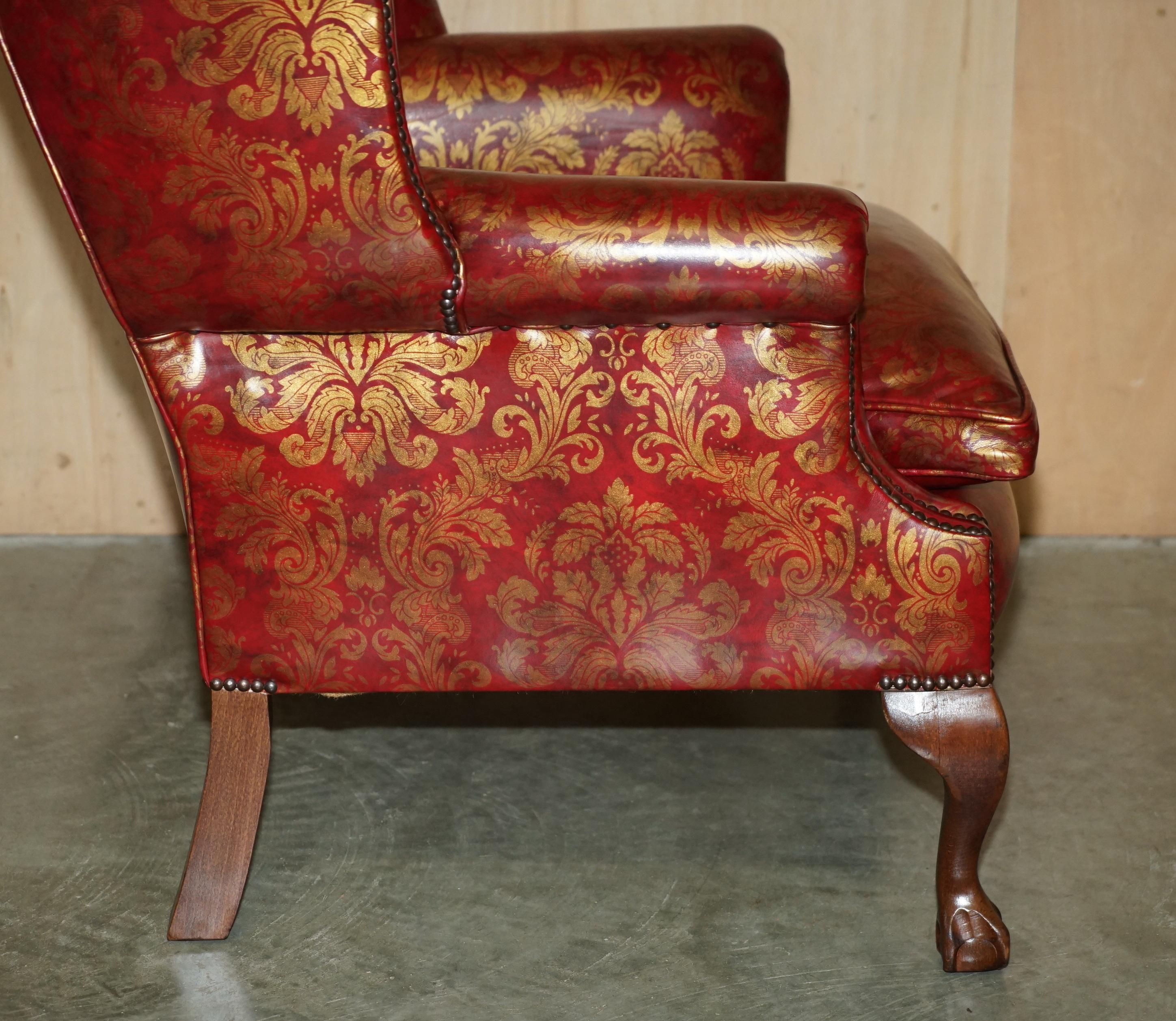 VINTAGE OXBLOOD CLAW & BALL FEET DAMASK LEATHER WiNGBACK ARMCHAIR & FOOTSTOOL im Angebot 6