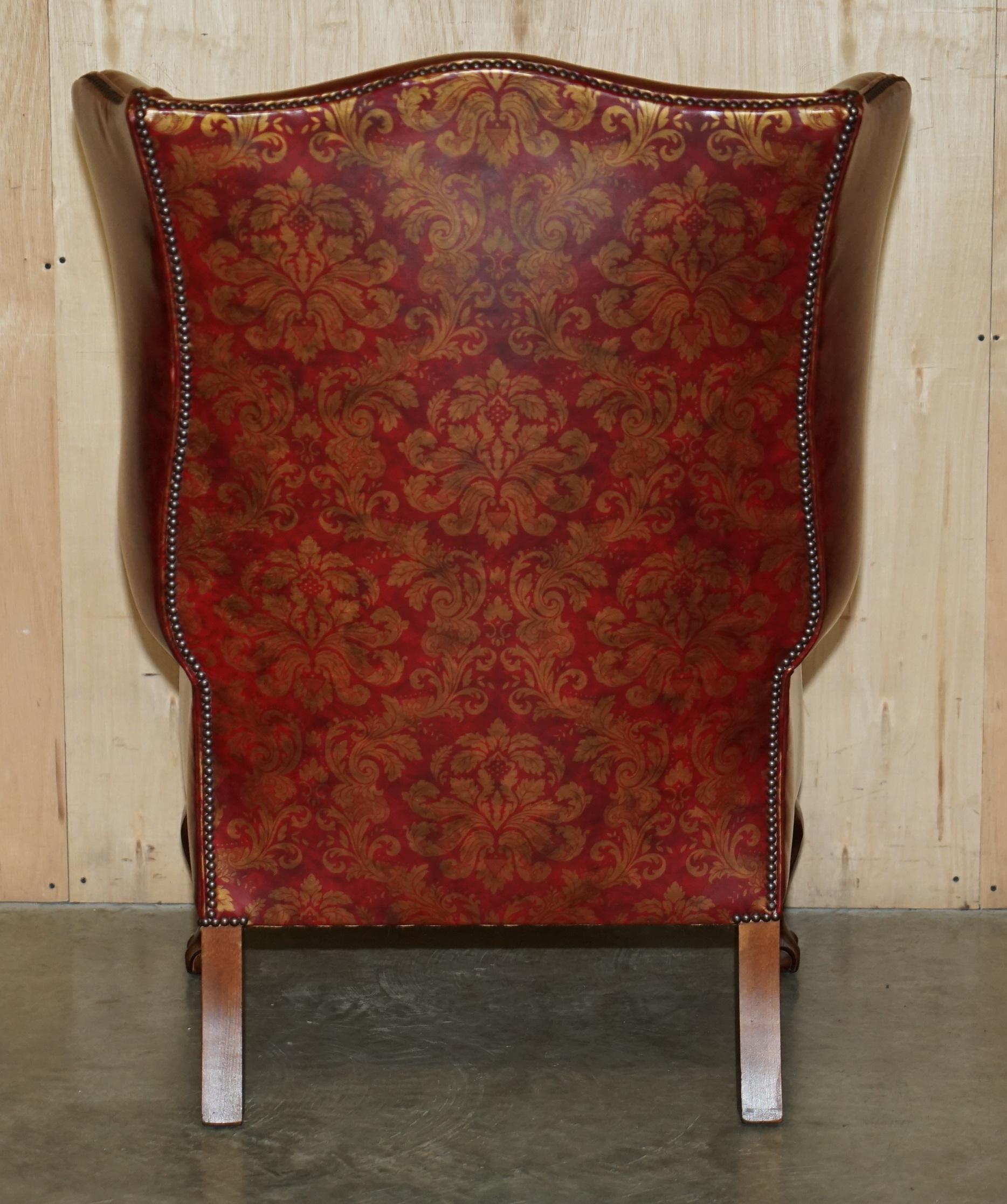 VINTAGE OXBLOOD CLAW & BALL FEET DAMASK LEATHER WiNGBACK ARMCHAIR & FOOTSTOOL im Angebot 7