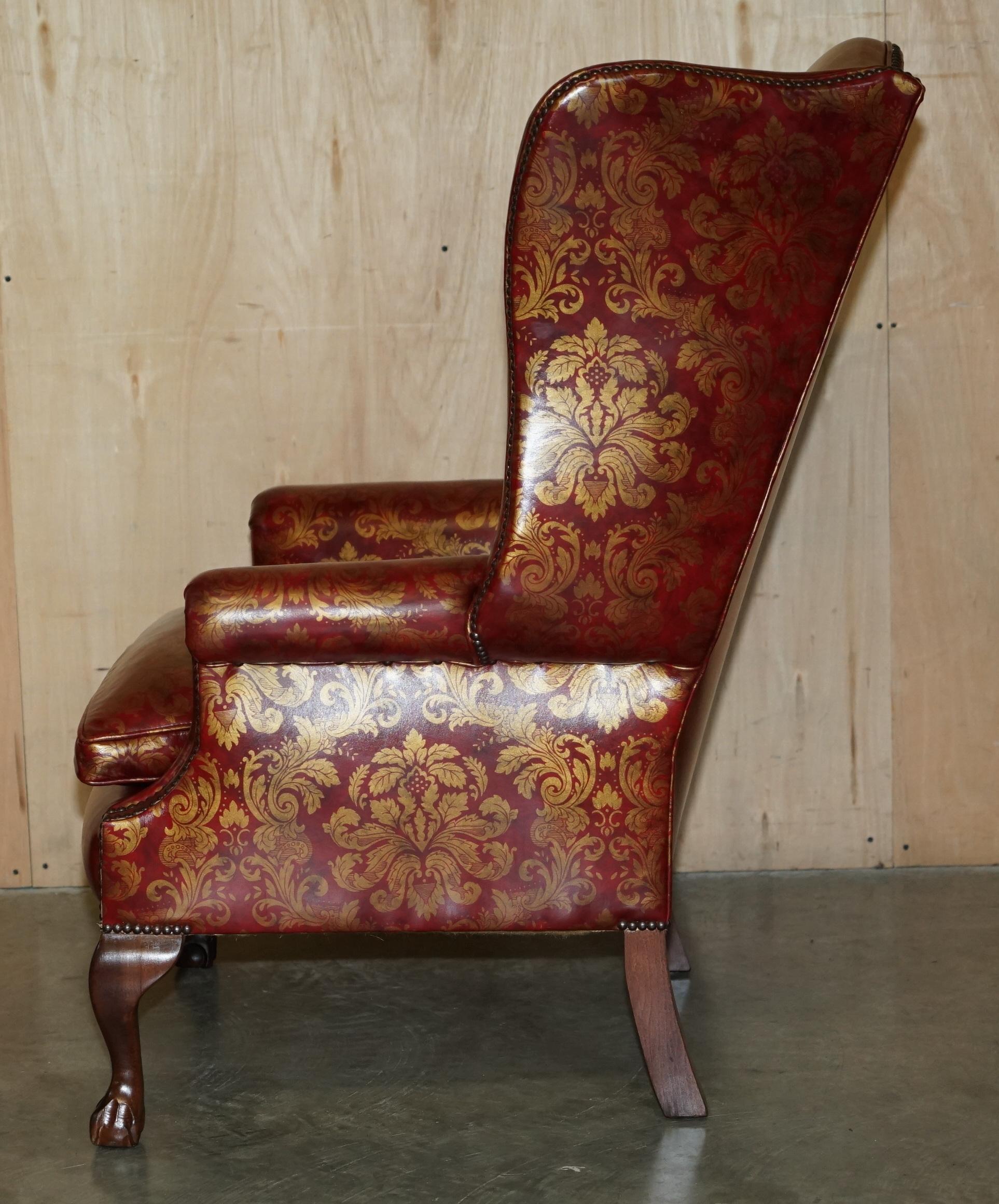 VINTAGE OXBLOOD CLAW & BALL FEET DAMASK LEATHER WiNGBACK ARMCHAIR & FOOTSTOOL im Angebot 8
