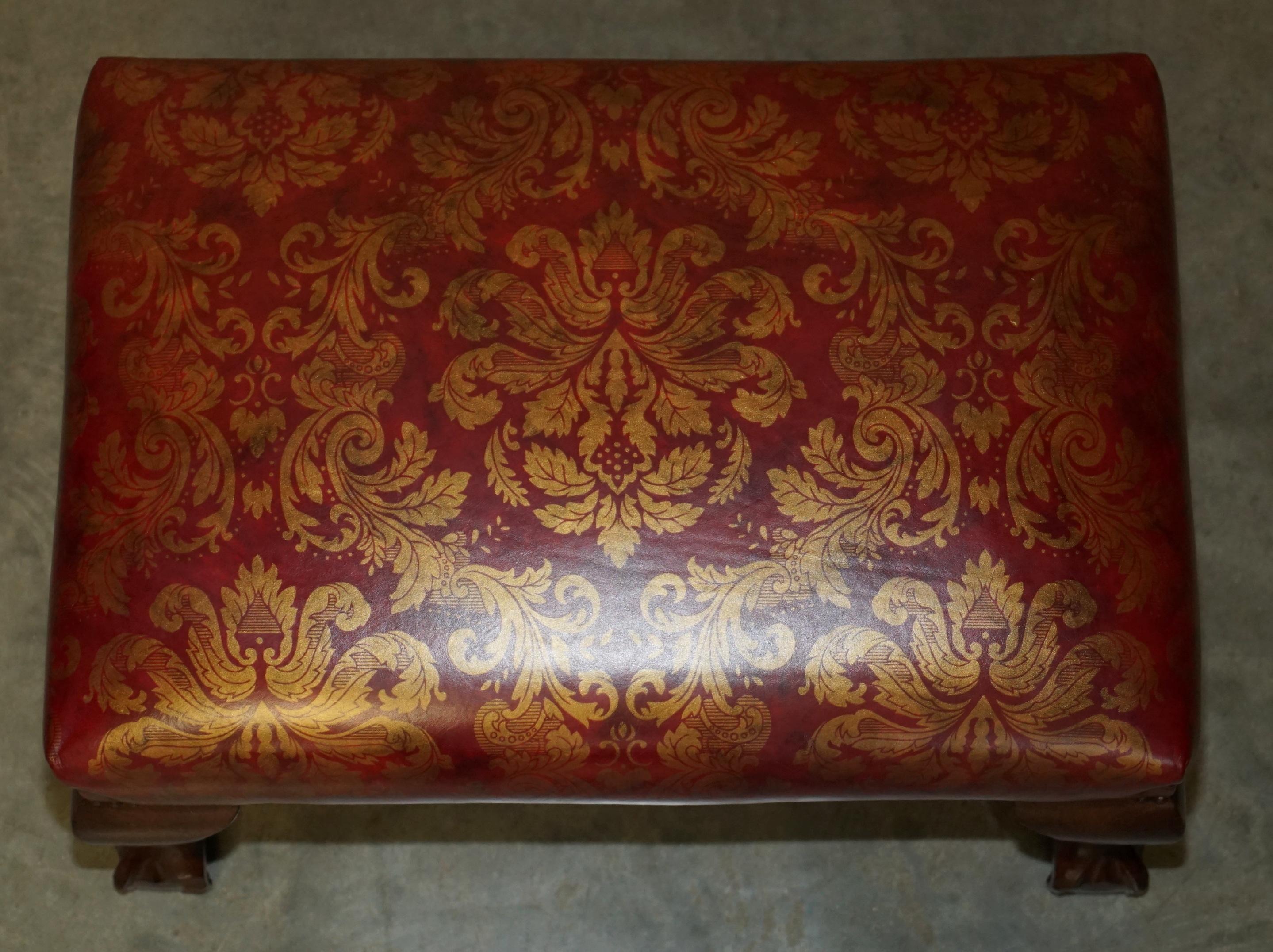 VINTAGE OXBLOOD CLAW & BALL FEET DAMASK LEATHER WiNGBACK ARMCHAIR & FOOTSTOOL im Angebot 10