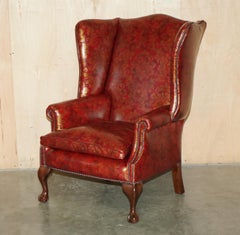 VINTAGE OXBLOOD CLAW & BALL FEET DAMASK LEATHER WiNGBACK ARMCHAIR & FOOTSTOOL