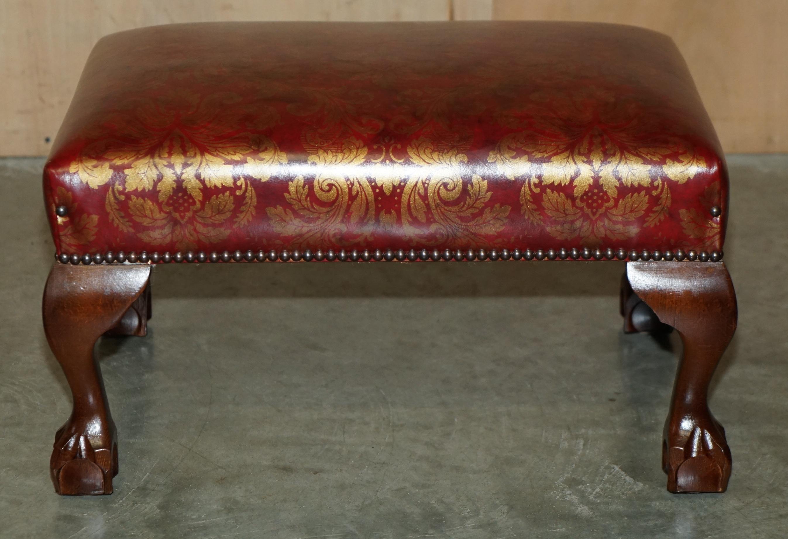 VINTAGE OXBLOOD CLAW & BALL FEET DAMASK LEATHER WiNGBACK ARMCHAIR & FOOTSTOOL For Sale 13