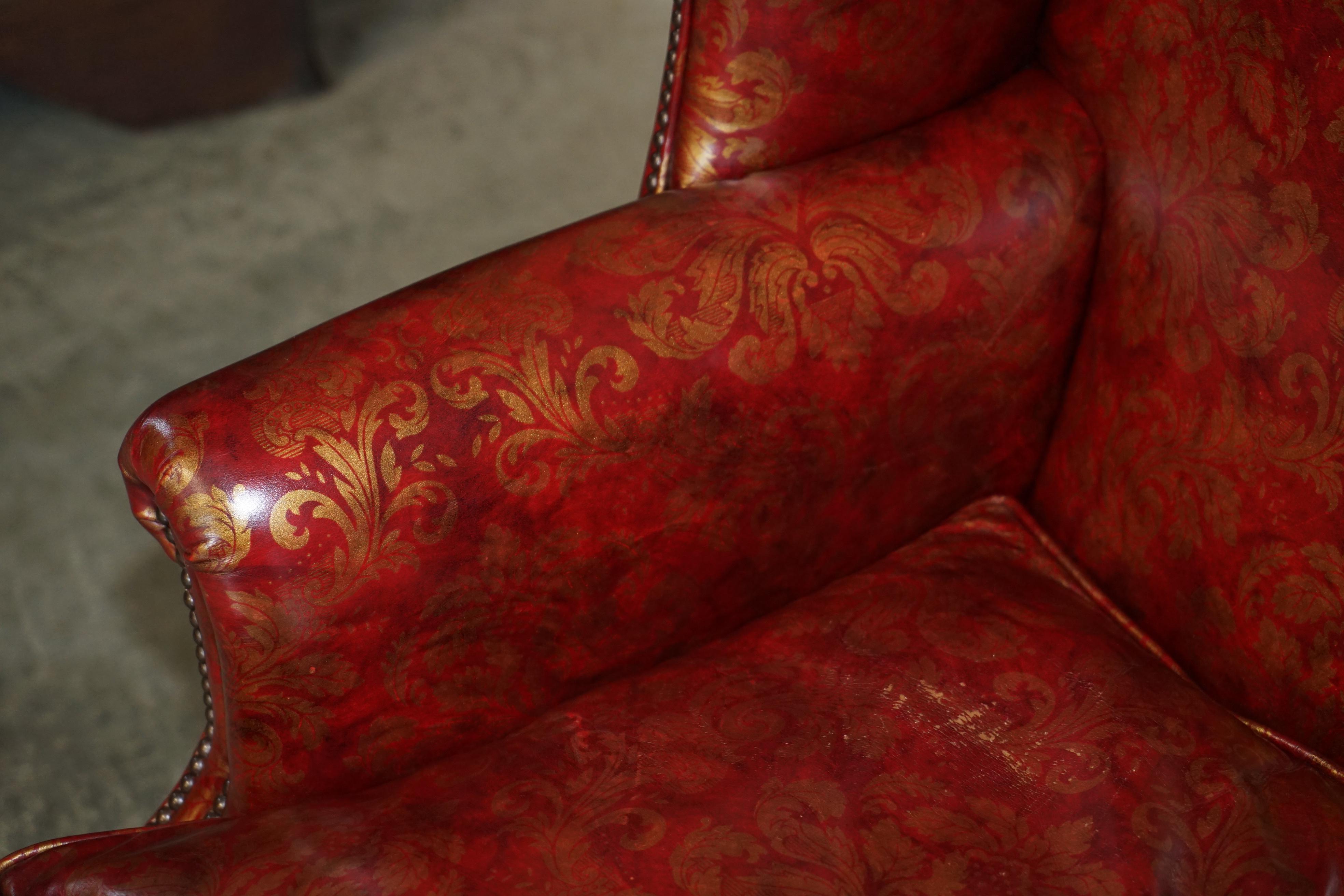 VINTAGE OXBLOOD CLAW & BALL FEET DAMASK LEATHER WiNGBACK ARMCHAIR & FOOTSTOOL For Sale 2