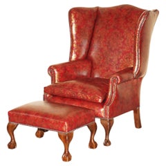 VINTAGE OXBLOOD CLAW & BALL FEET DAMASK LEATHER WiNGBACK ARMCHAIR & FOOTSTOOL