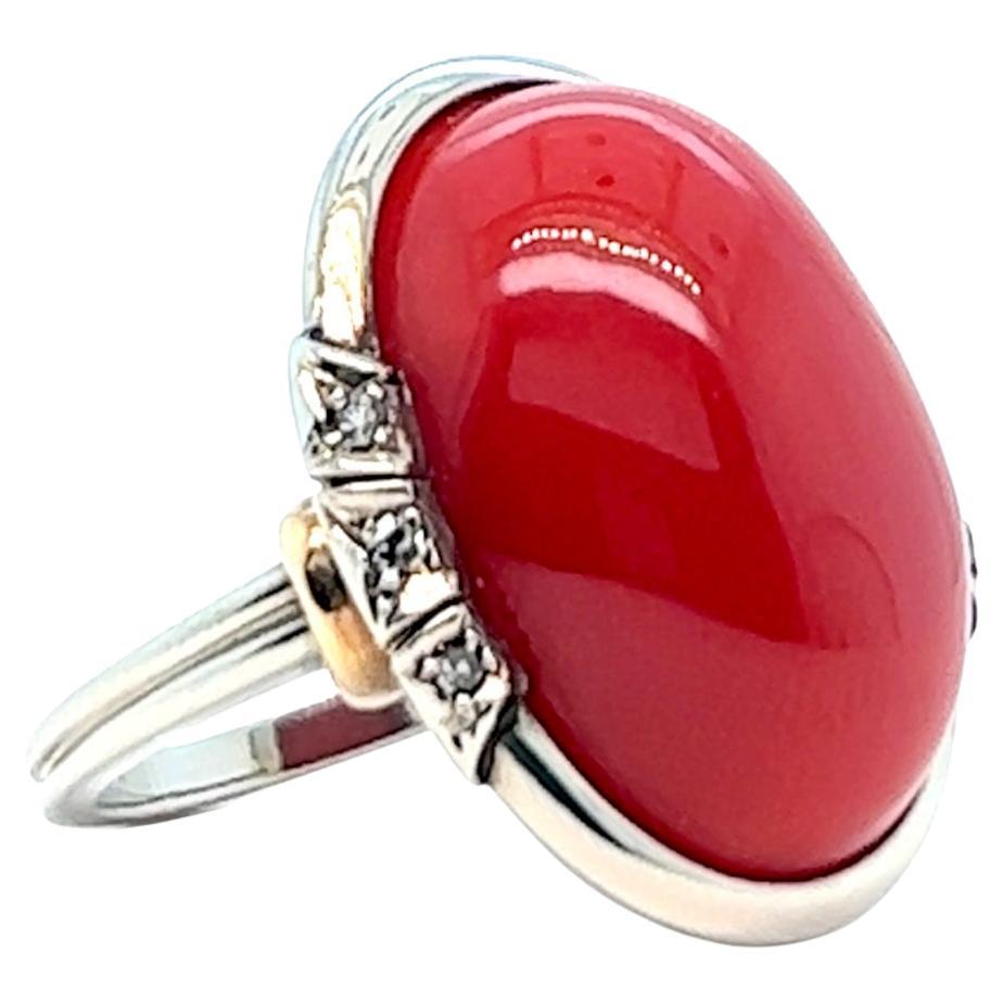 Vintage Oxblood Coral Diamond 14 Karat White Gold Ring