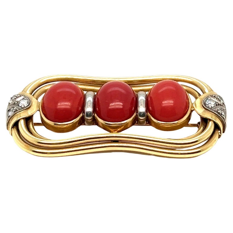 Vintage Oxblood Coral Diamond 14 Karat Yellow Gold Brooch For Sale at ...