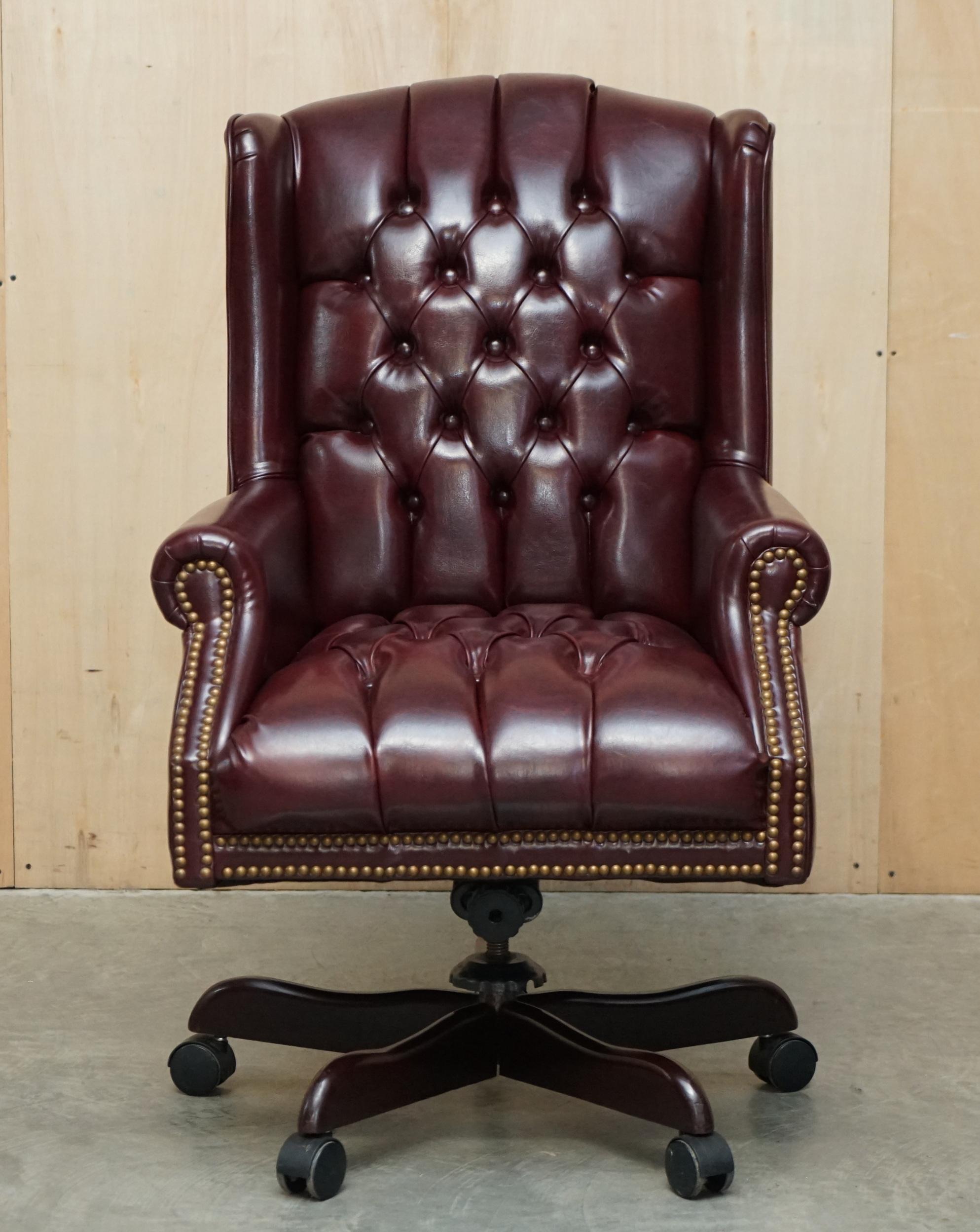 We are delighted to offer for sale this very comfortable Oxblood leather large Chesterfield Wingback office chair with original leather and patina.

This is a very comfortable captain’s indeed, it’s like your favourite reading chair with wheels.