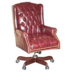 Antique Oxblood Leather Antique Stud Chesterfield Wingback Swivel Office Chair