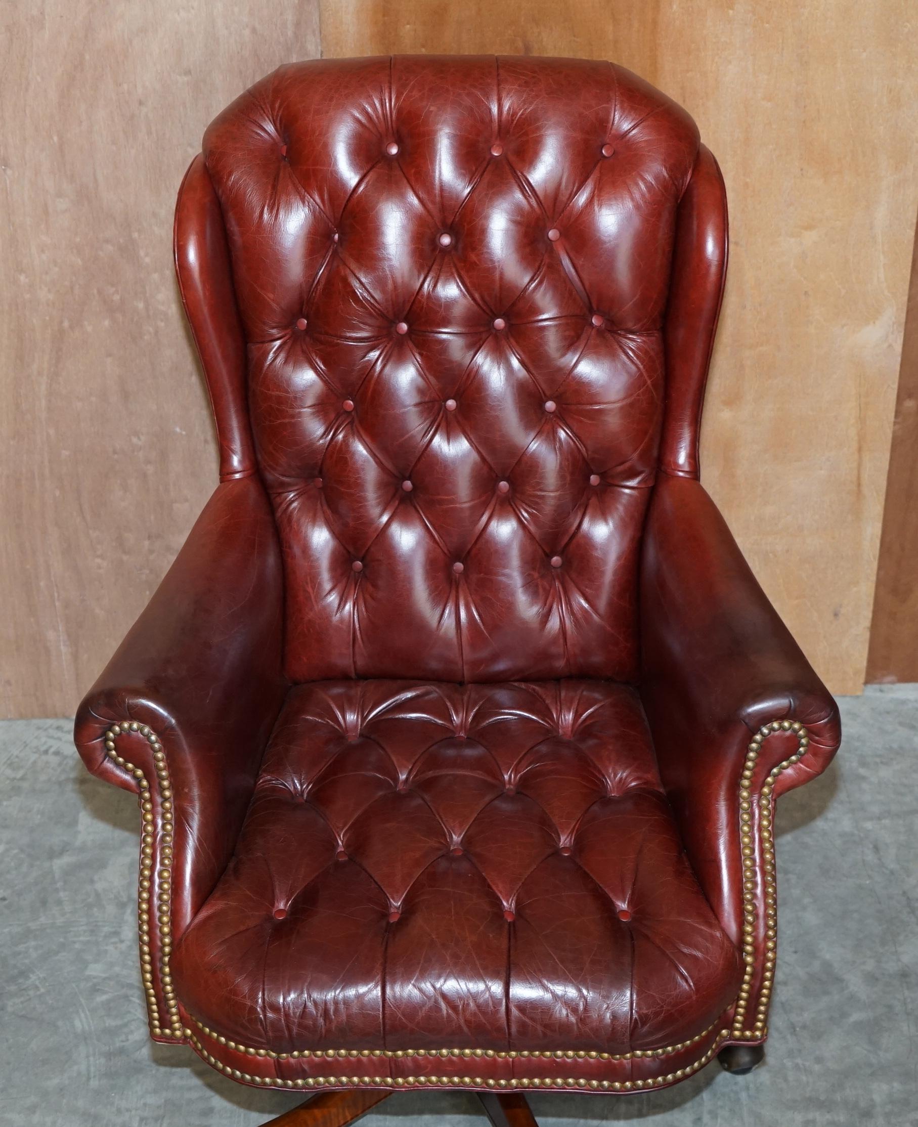 English Vintage Oxblood Leather Chesterfield Tufted Directors Captains Desk Armchair