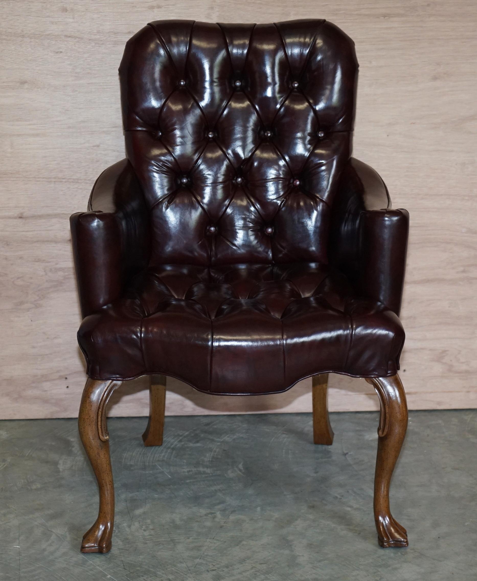 We are delighted to offer for sale this lovely Oxblood leather Chesterfield tufted vintage style occasional office armchair

A very well made and decorative armchair, it has a traditional Victorian coil sprung base, a hessian base cover which has