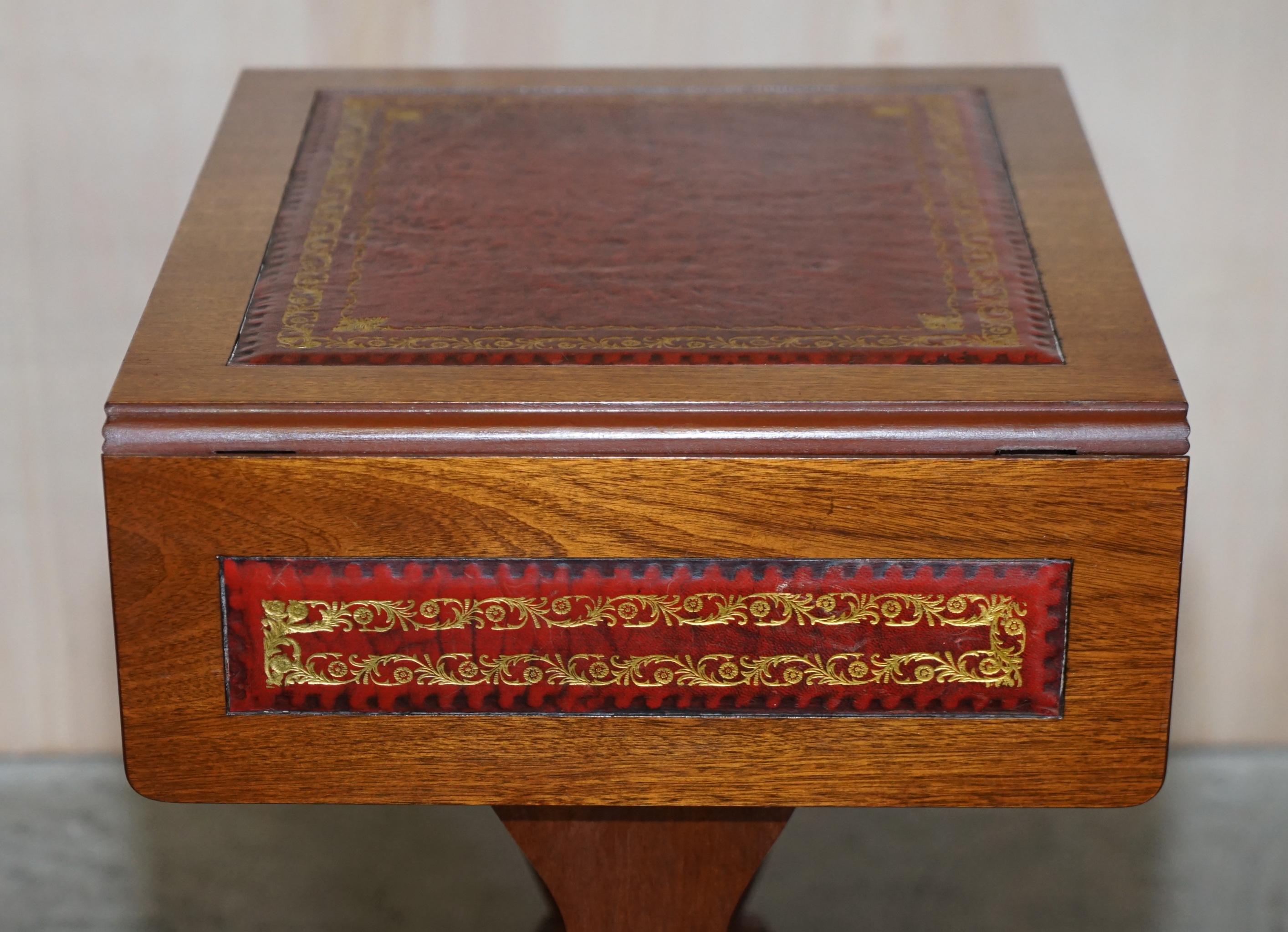 Vintage Oxblood Leather Gold Leaf Side End Table Extending Top Great Games Table 1