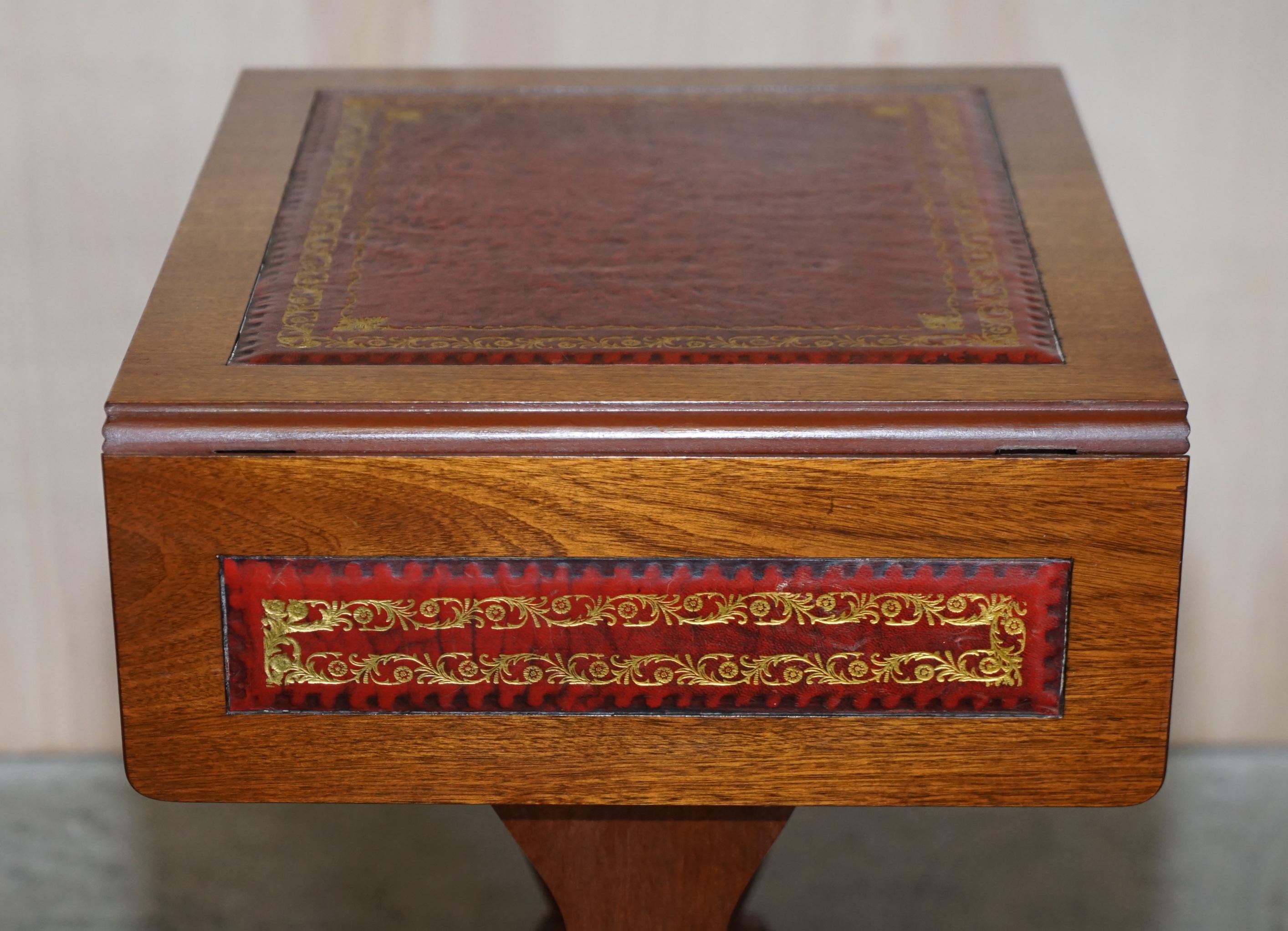 Vintage Oxblood Leather Gold Leaf Side End Table Extending Top Great Games Table For Sale 4