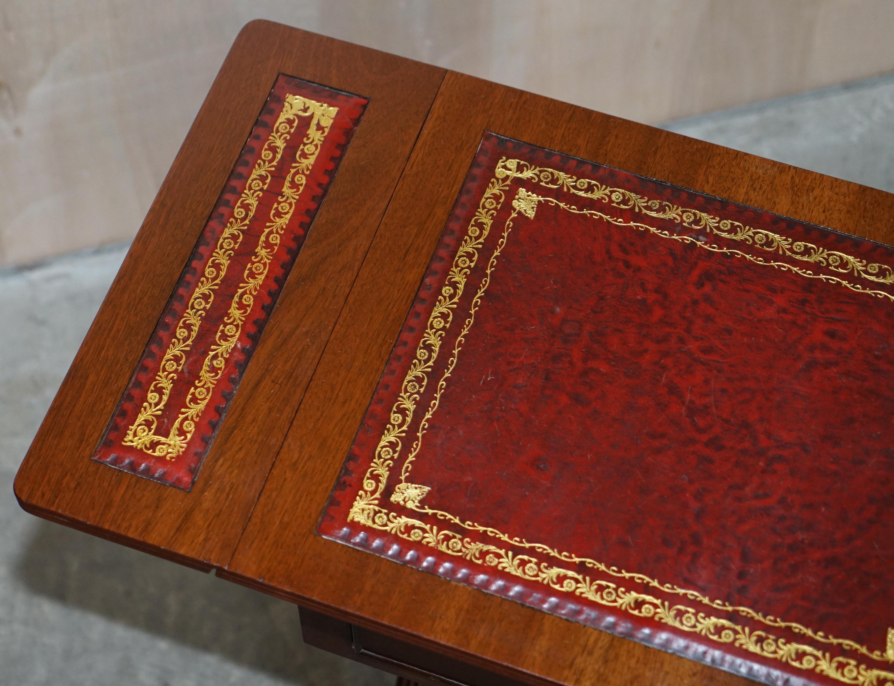 Vintage Oxblood Leather Gold Leaf Side End Table Extending Top Great Games Table For Sale 11