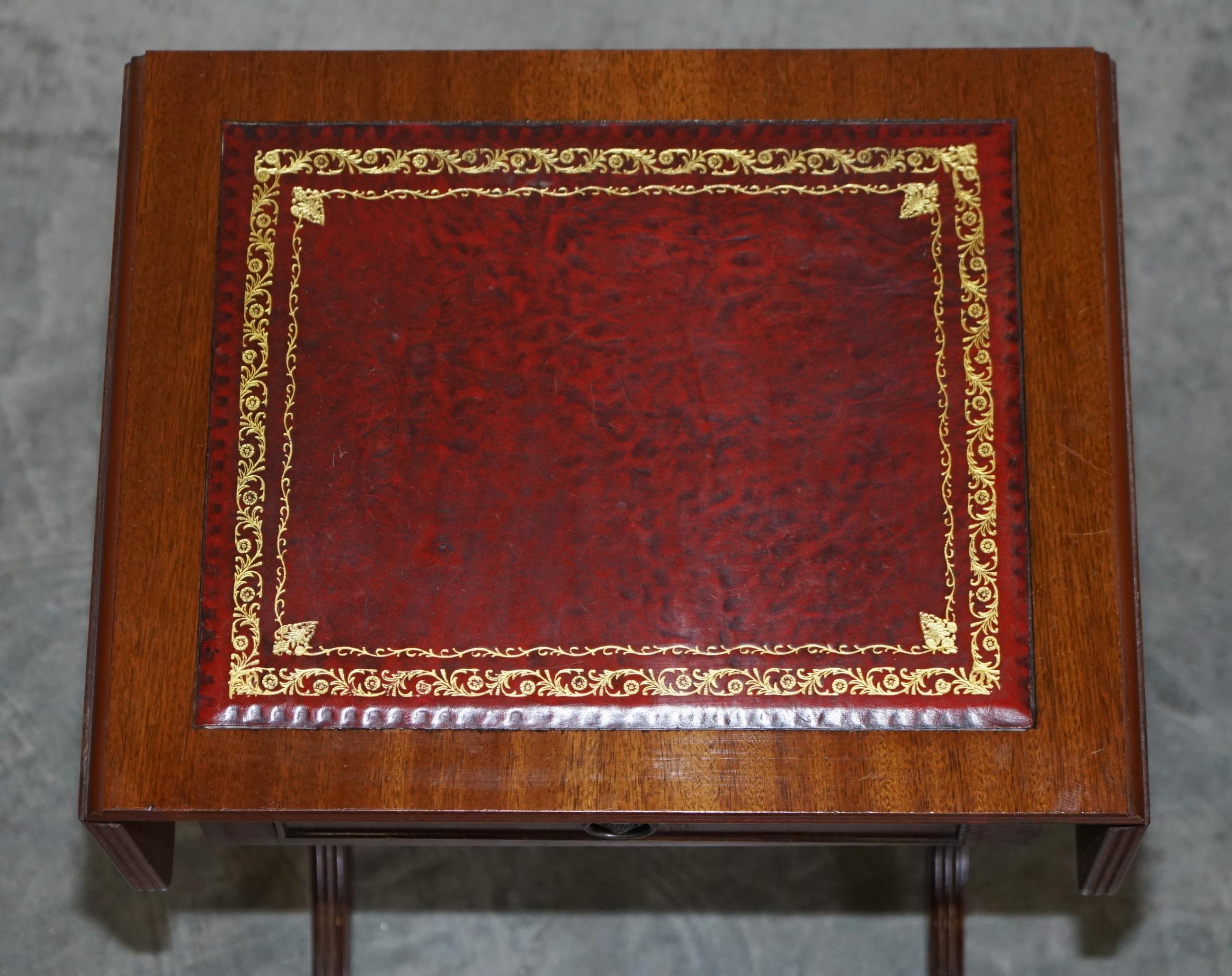 Hand-Crafted Vintage Oxblood Leather Gold Leaf Side End Table Extending Top Great Games Table For Sale