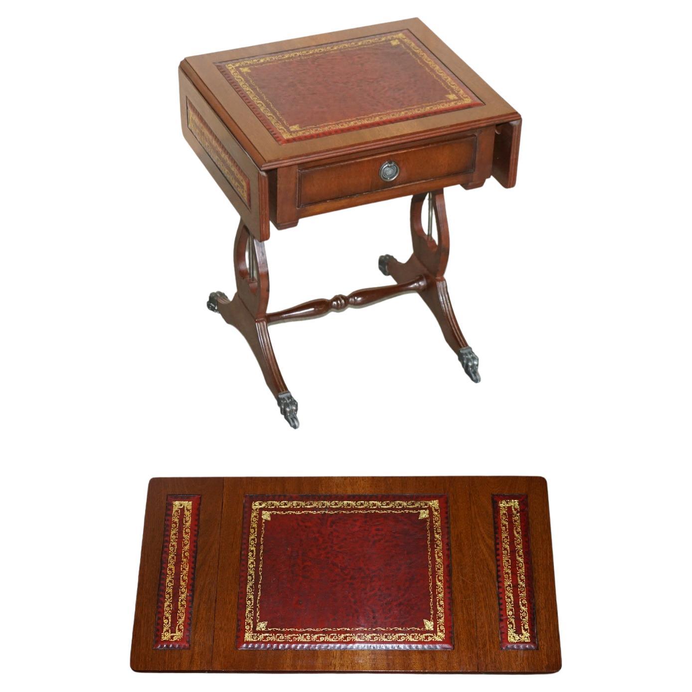 Vintage Oxblood Leather Gold Leaf Side End Table Extending Top Great Games Table For Sale