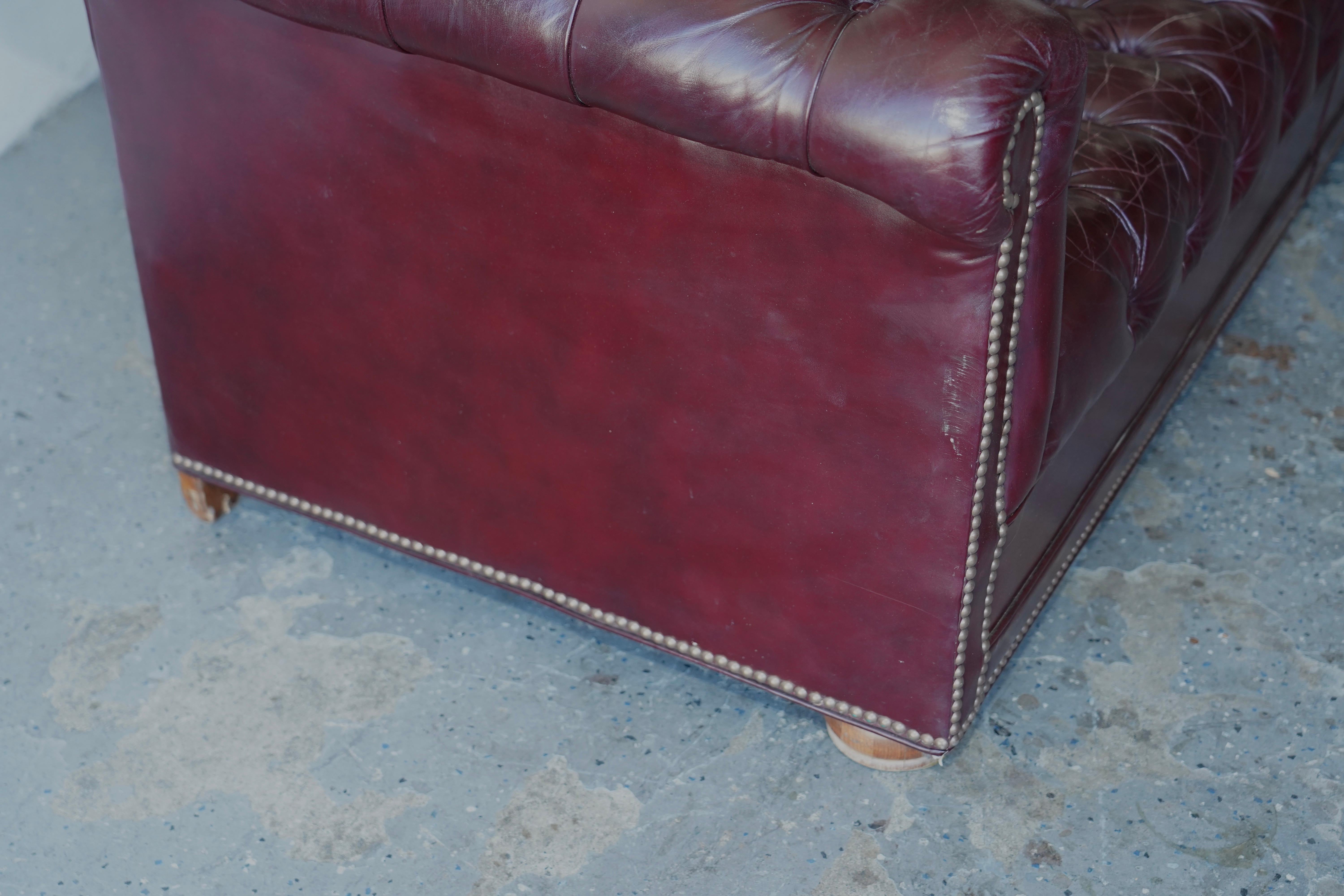 American Vintage Oxblood Leather Tufted Chesterfield Sofa For Sale