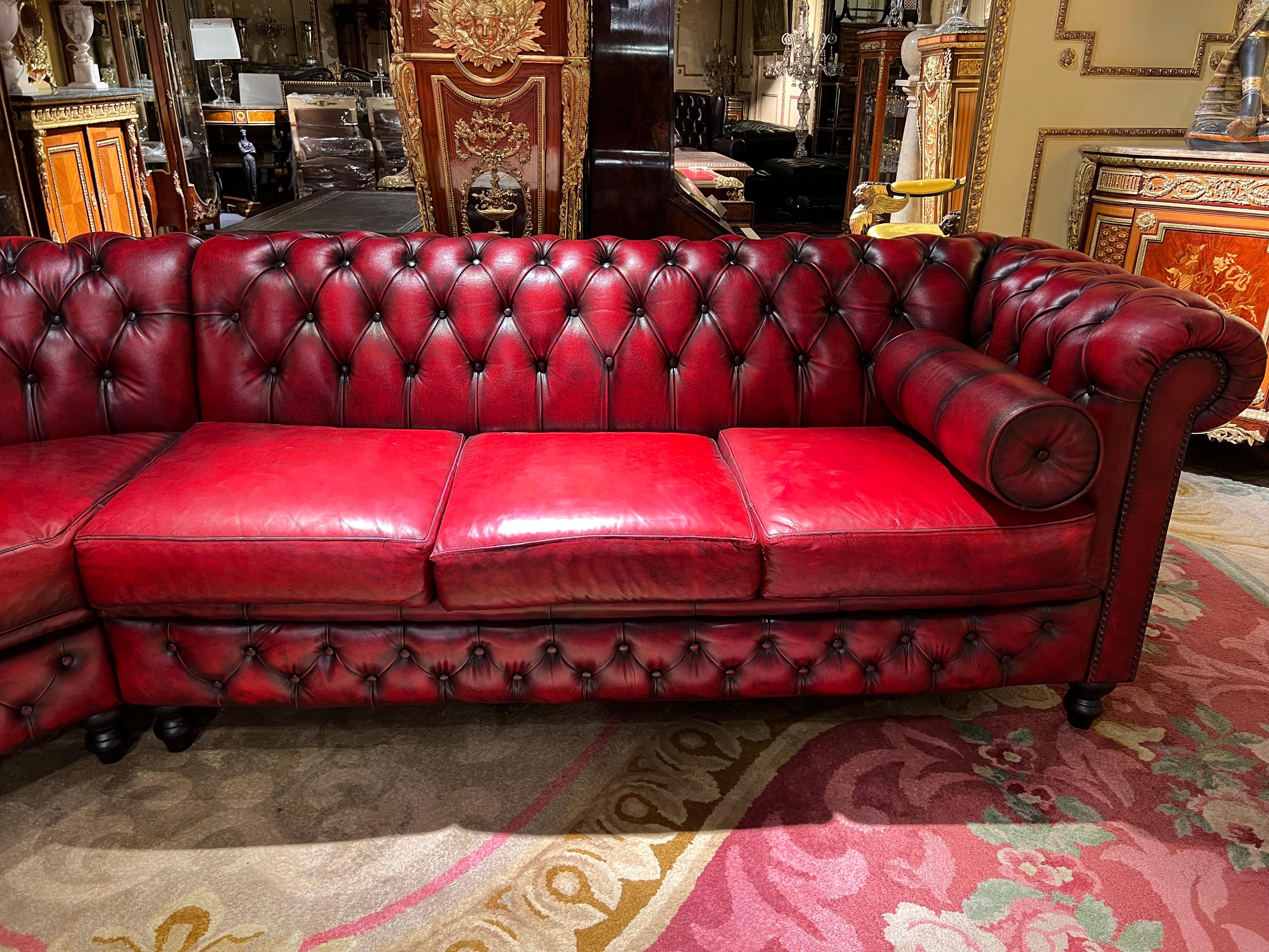 20th Century Vintage oxblood Red Chesterfield Corner Couch or Seven Seater Sofa / Set