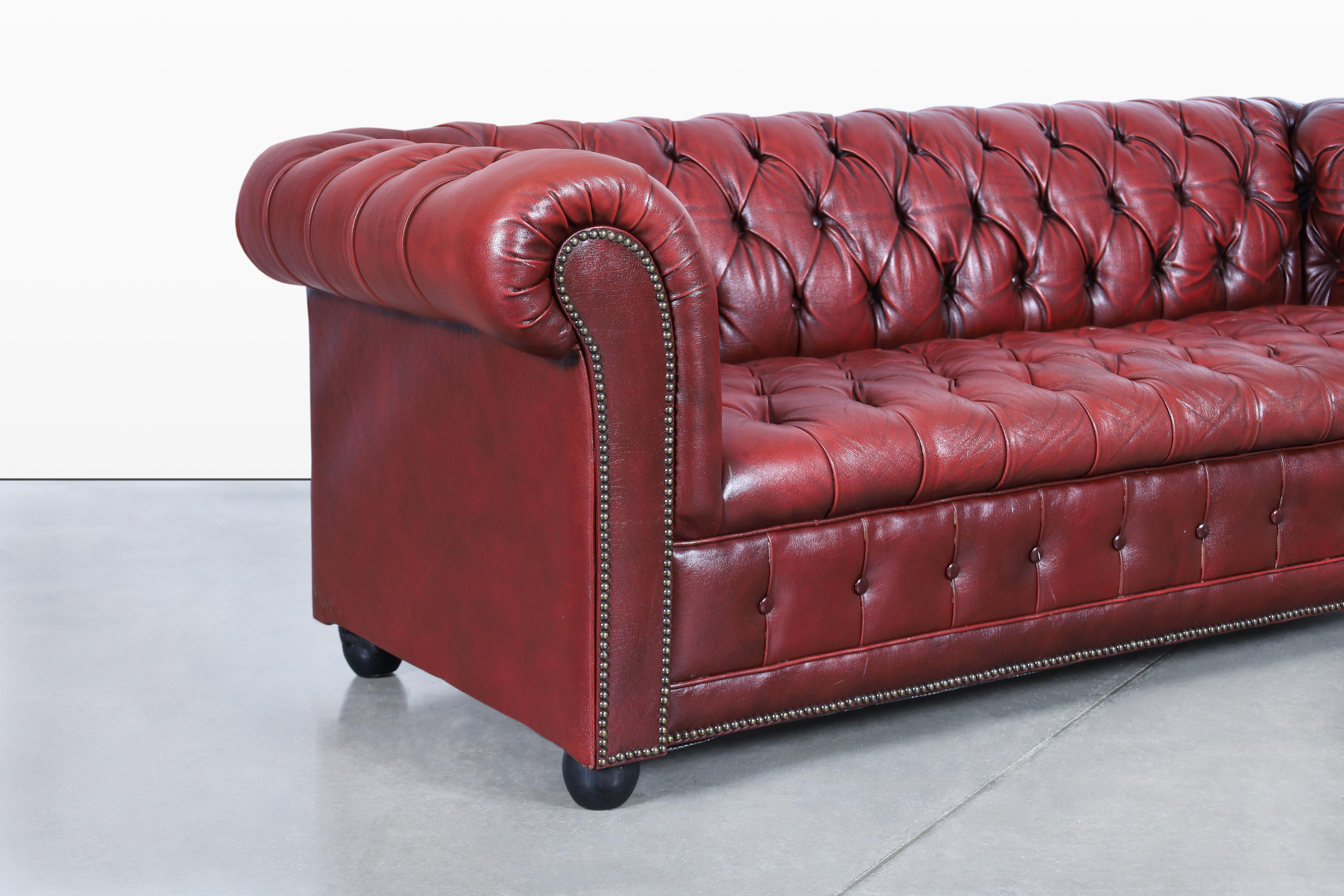 Mid-Century Modern Vintage Oxford Red Leather Chesterfield Sofa For Sale