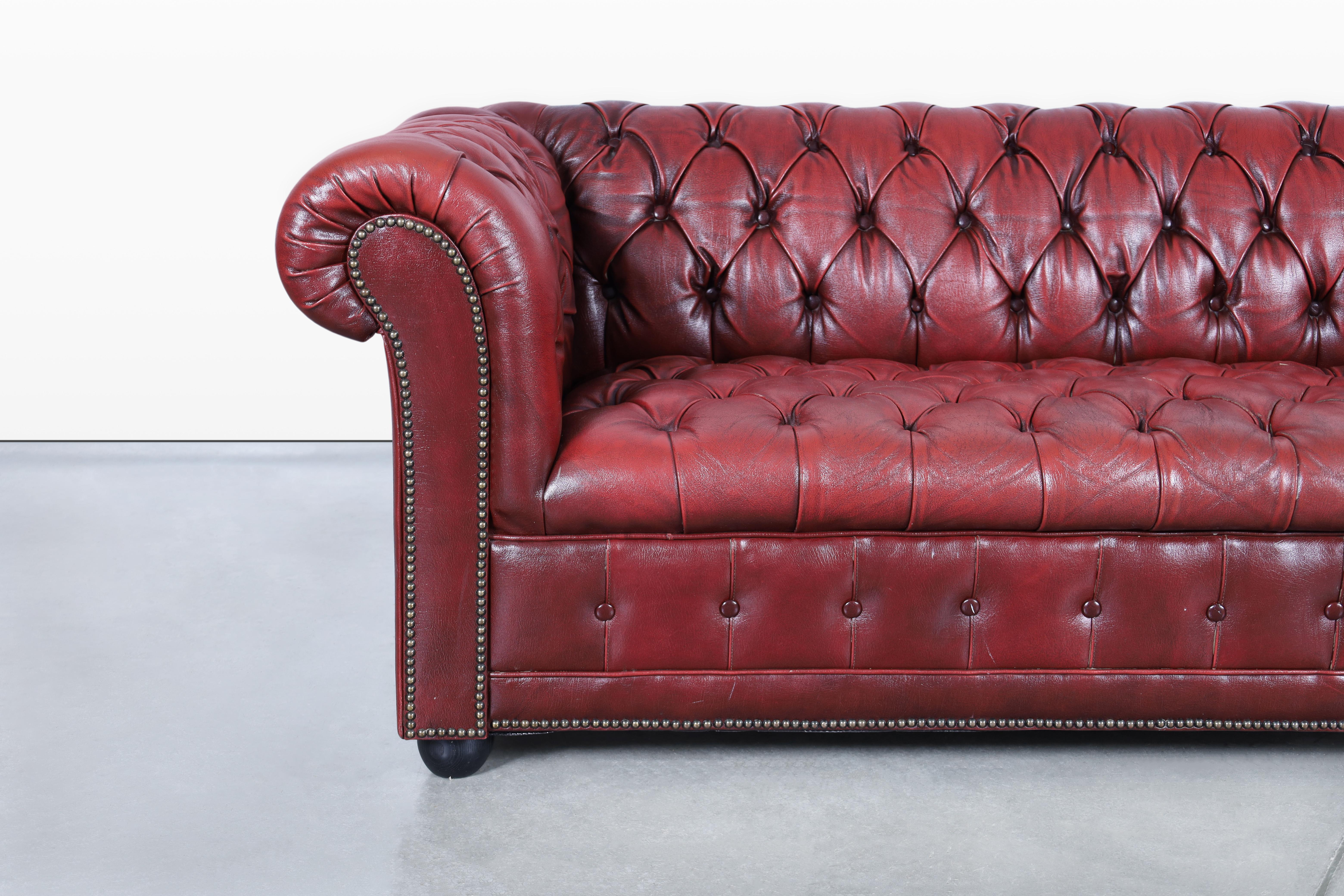 Mid-20th Century Vintage Oxford Red Leather Chesterfield Sofa For Sale