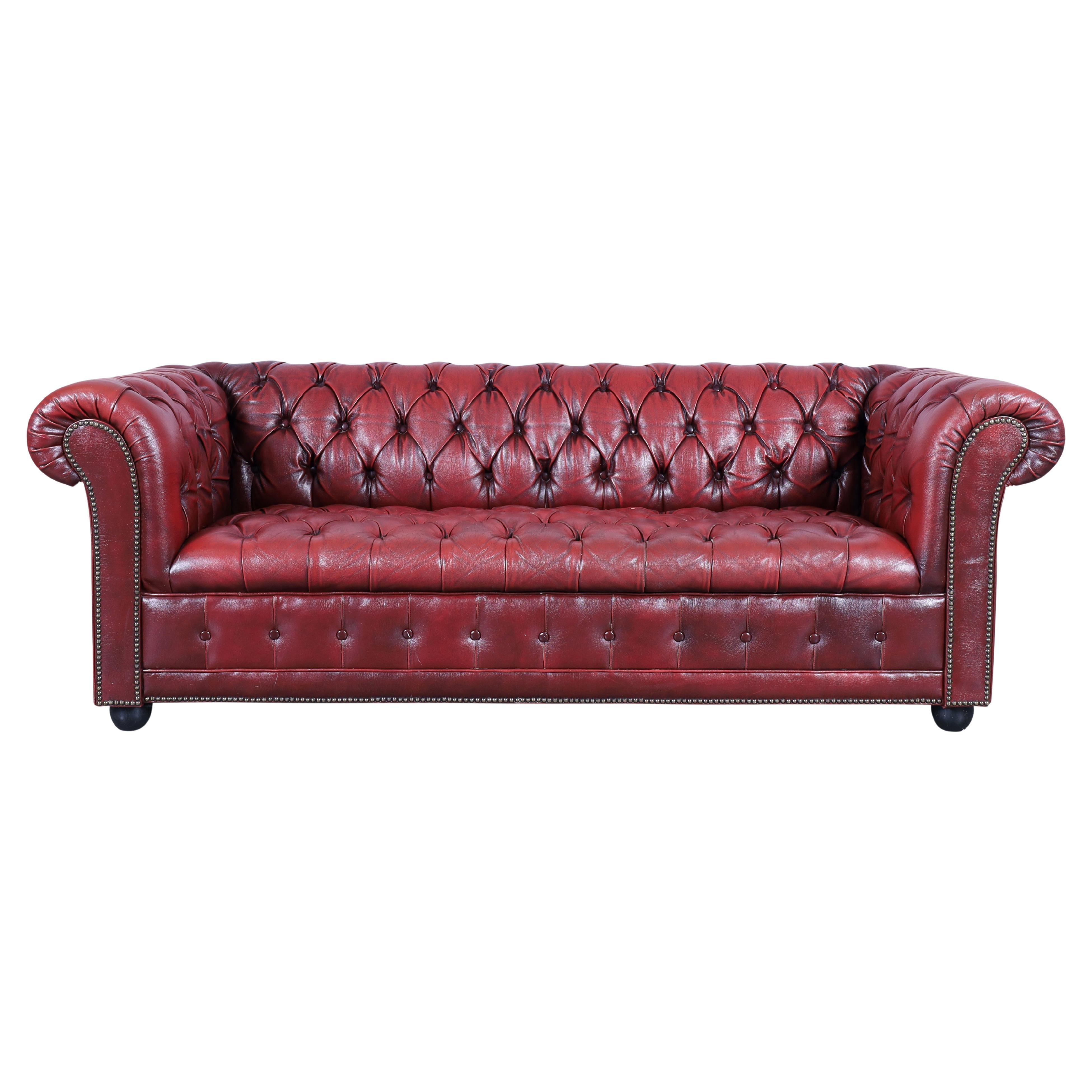 Vintage Oxford Red Leather Chesterfield Sofa For Sale