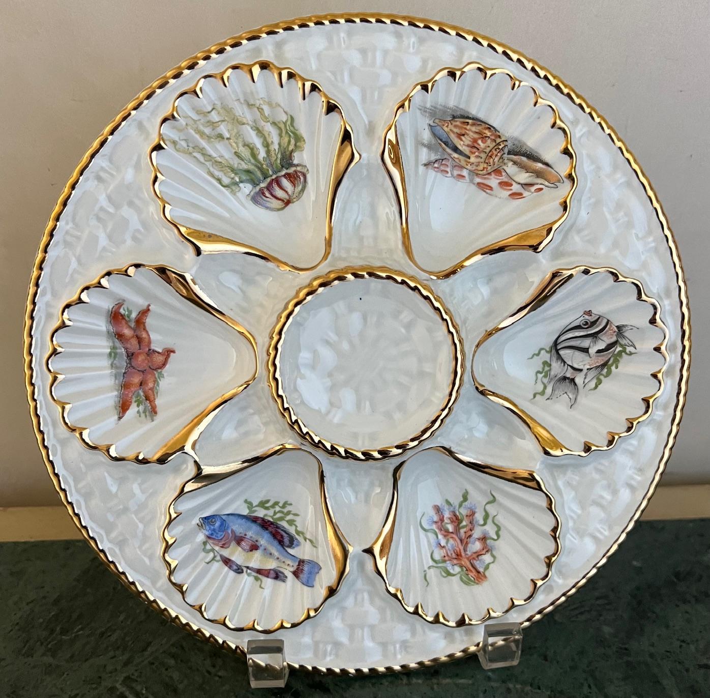 Vintage Oyster Plate with Sea Creatures Lined in Gold For Sale 2