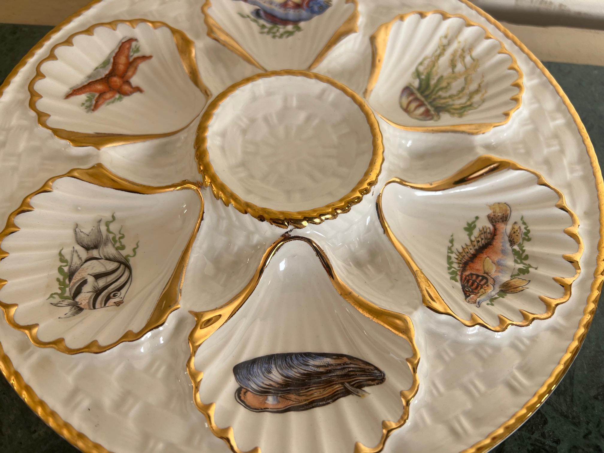 Vintage Oyster Plate with Sea Creatures Lined in Gold For Sale 3