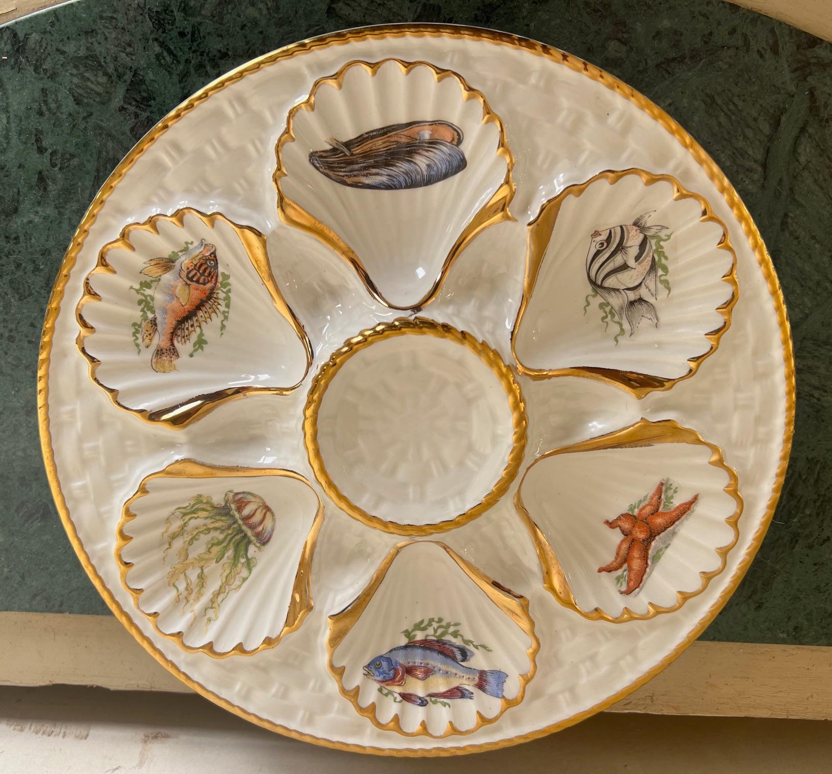 Vintage Oyster Plate with Sea Creatures Lined in Gold For Sale 4