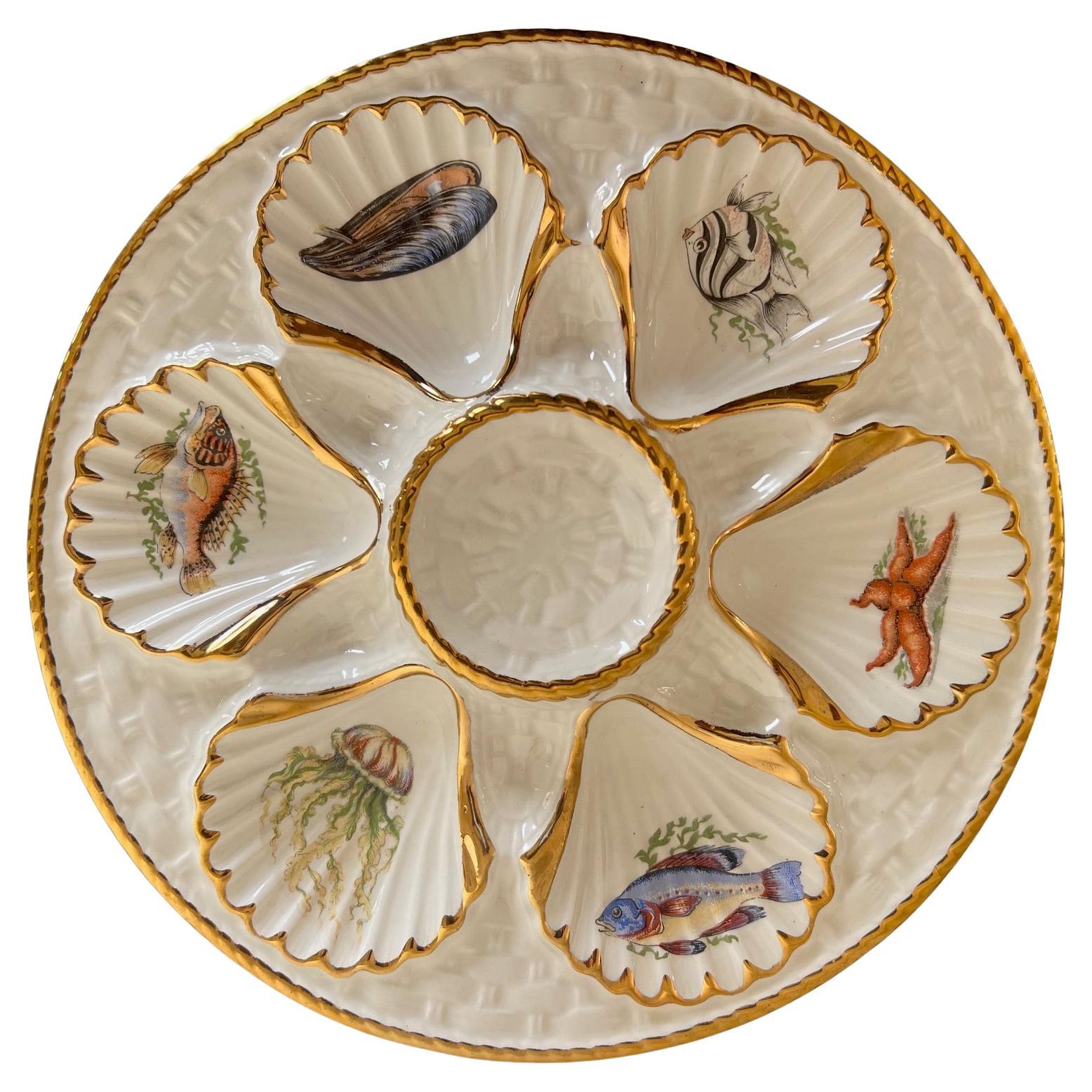 Art Nouveau Vintage Oyster Plate with Sea Creatures Lined in Gold For Sale