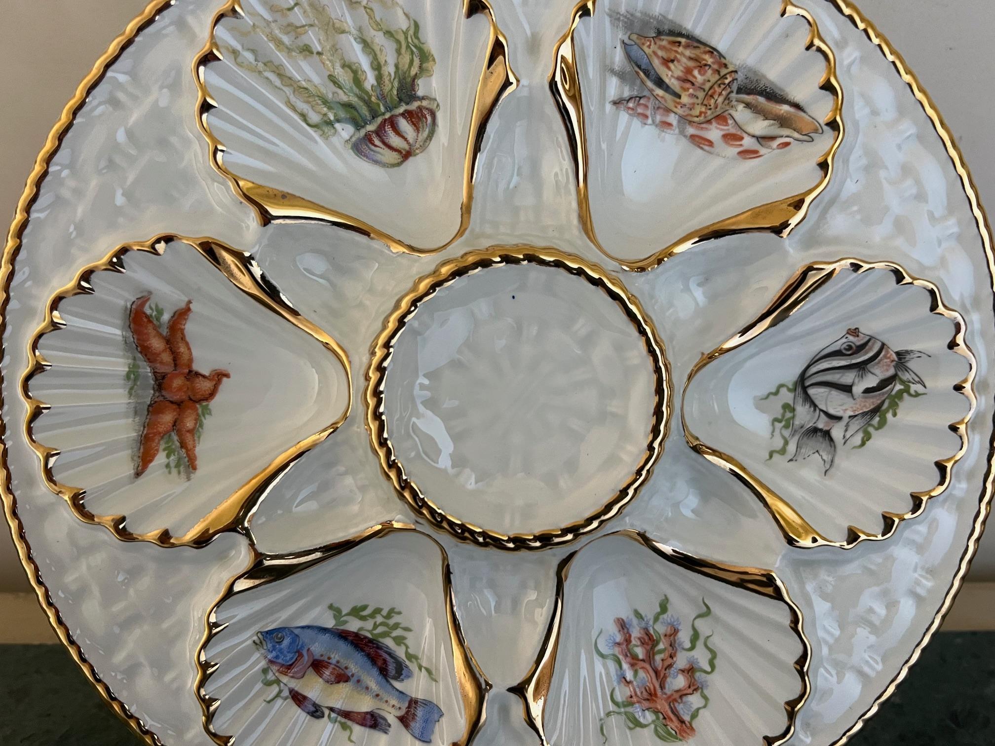 European Vintage Oyster Plate with Sea Creatures Lined in Gold For Sale