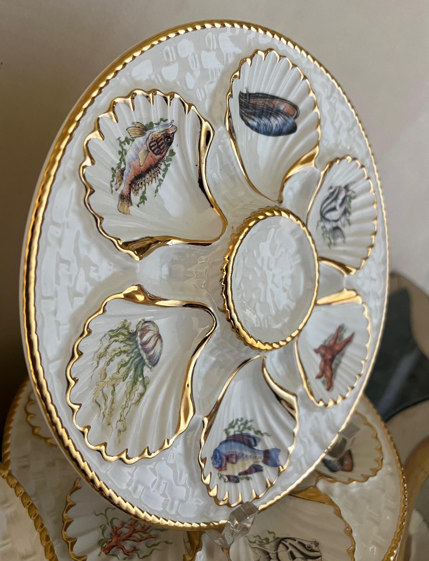 Vintage Oyster Plate with Sea Creatures Lined in Gold In Good Condition For Sale In Ross, CA