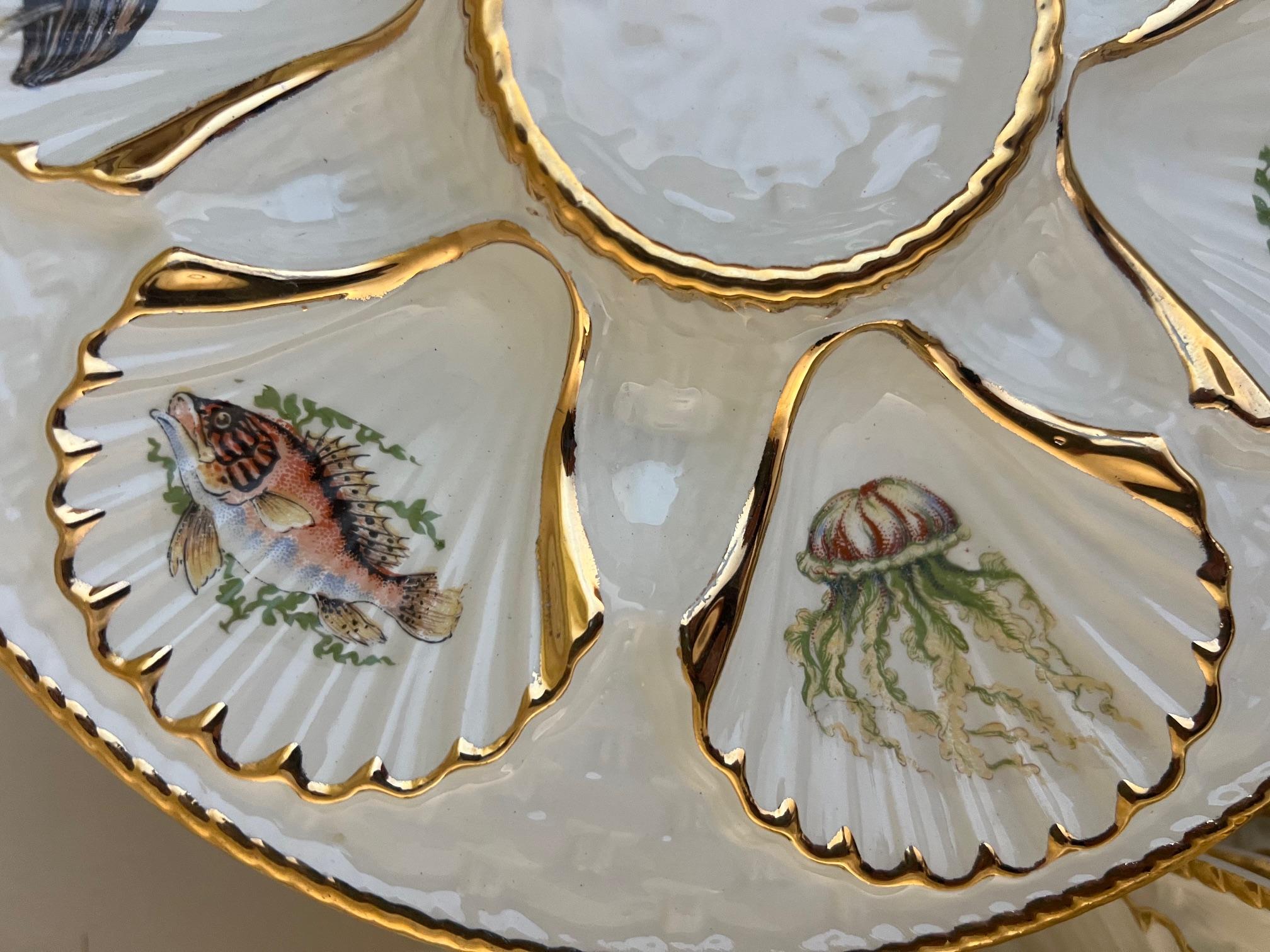 Late 20th Century Vintage Oyster Plate with Sea Creatures Lined in Gold For Sale