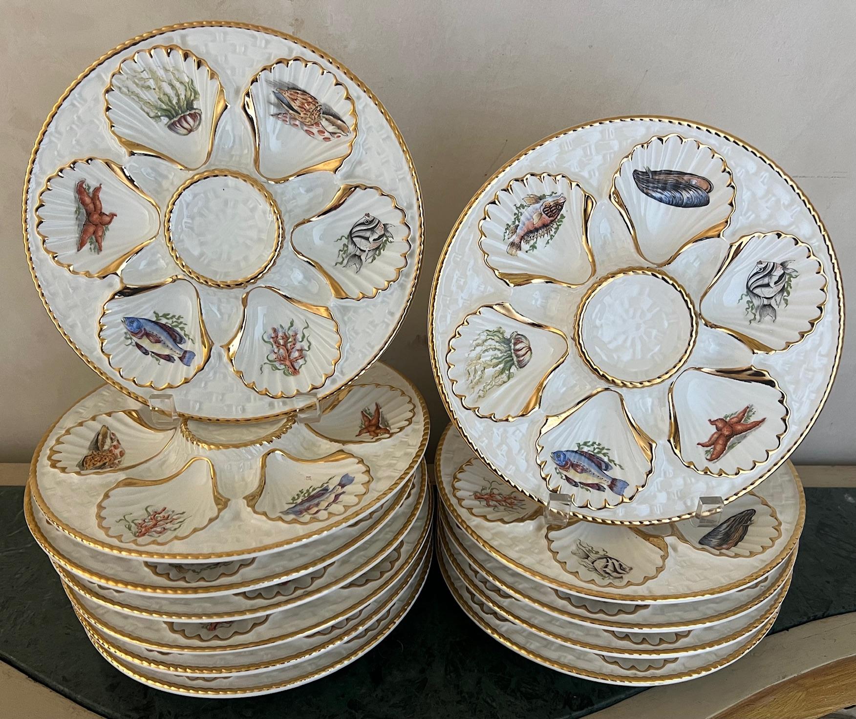 Ceramic Vintage Oyster Plate with Sea Creatures Lined in Gold For Sale