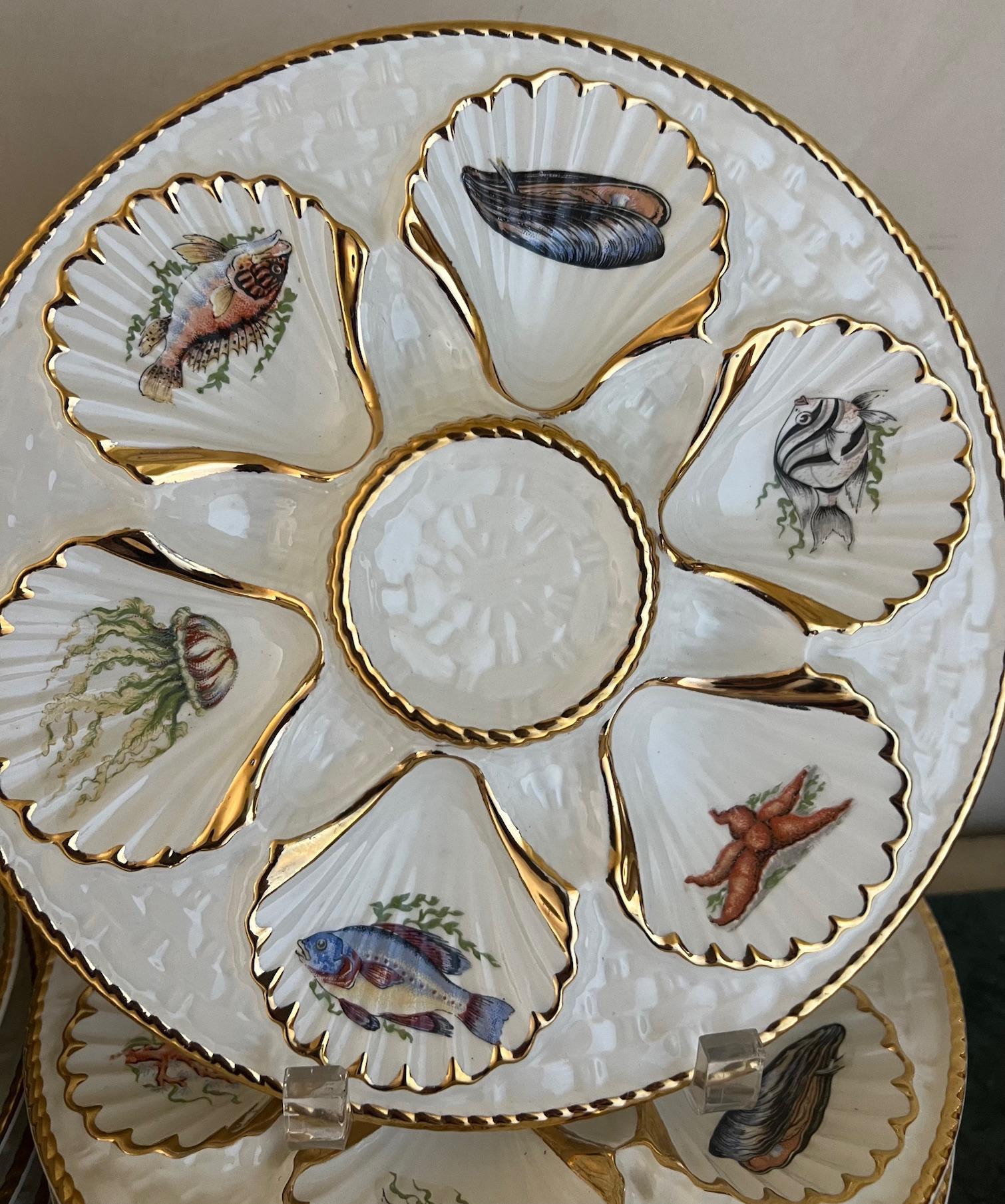 Vintage Oyster Plate with Sea Creatures Lined in Gold For Sale 1
