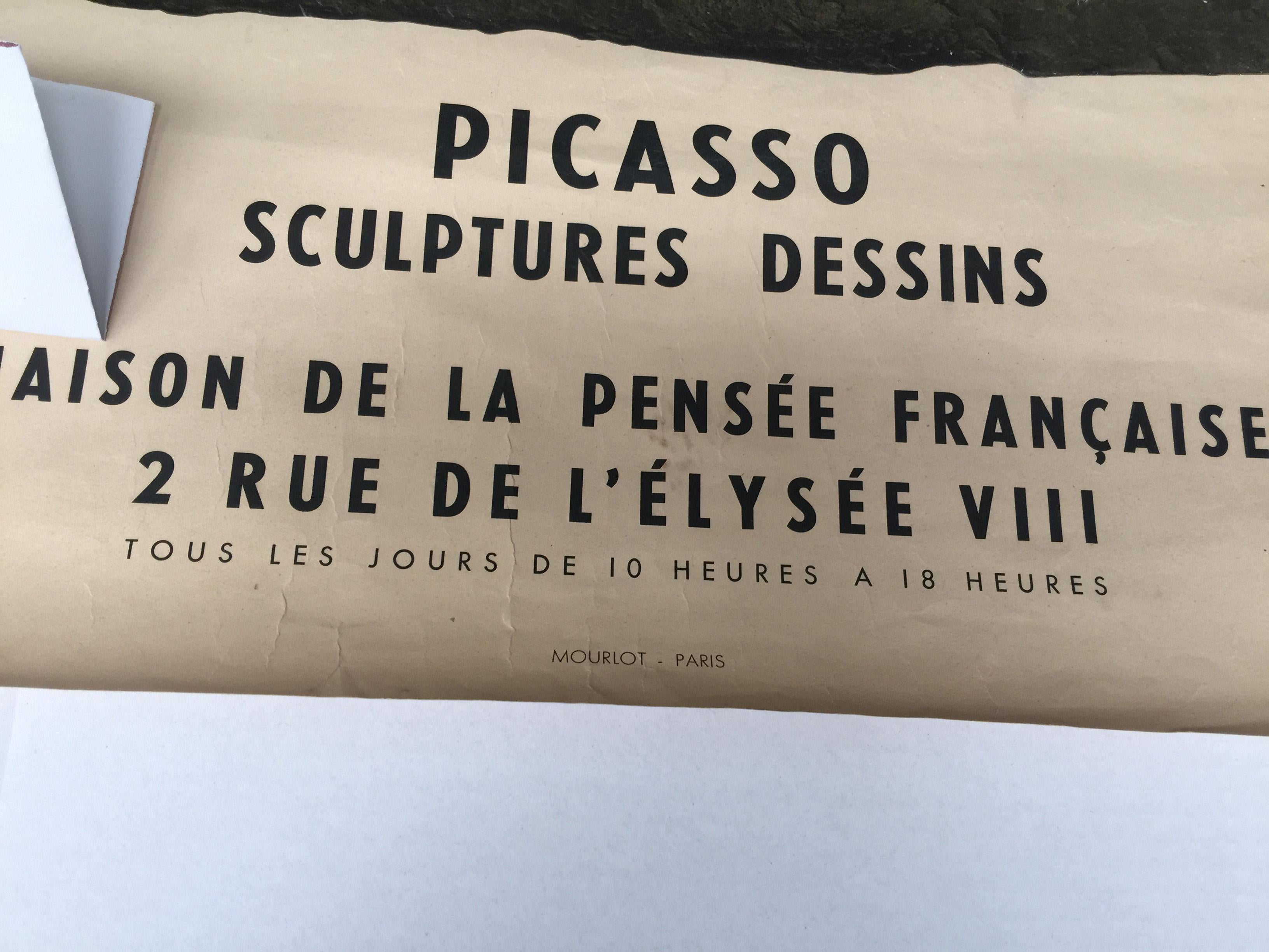 Vintage Pablo Picasso poster created for the 1958 exhibition of sculptures and drawings at the Maison de la Pensee Francaise, Paris.
Printed by Mourlot, Paris.