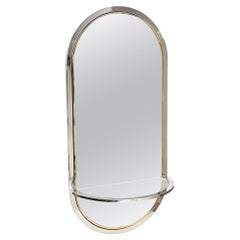 Miroir mural de piste de course vintage en chrome et laiton avec étagère en verre restaurée