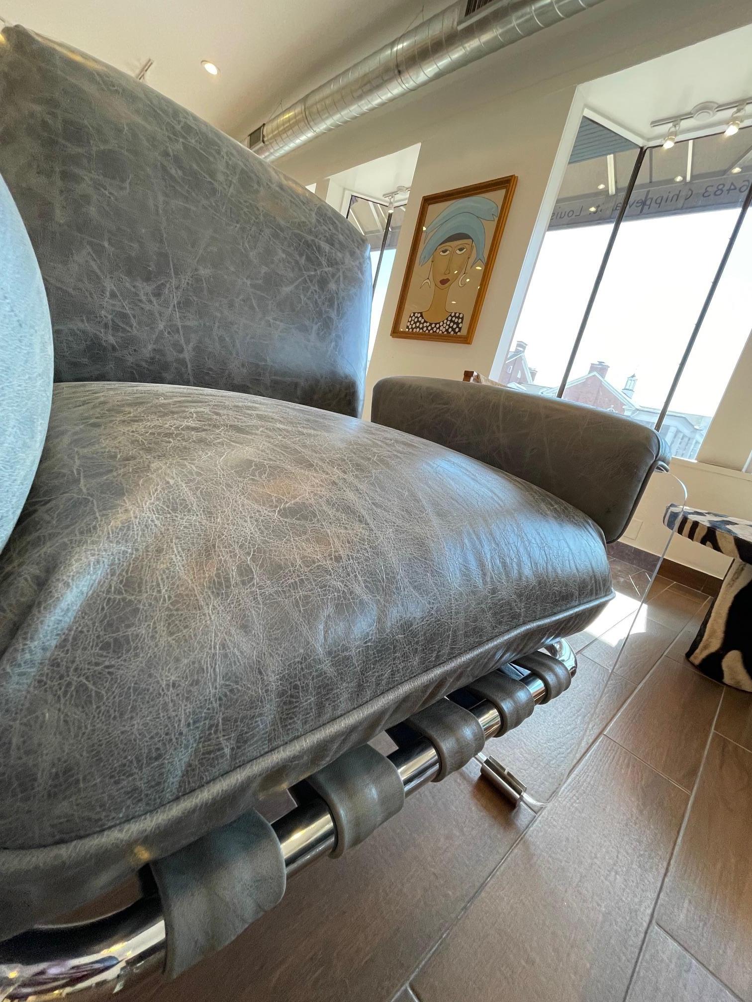 Vintage Pace Collection Argenta Lucite Chair and ottoman in Smokey Leather For Sale 6