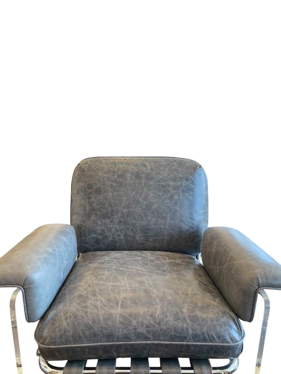 Step into a world of timeless luxury with these stunning 1970s Pace Collection lounge chairs. Featuring bold Lucite panels, chrome accents, and distressed smokey Italian leather cushions, these chairs blend modern elegance with vintage allure.13500