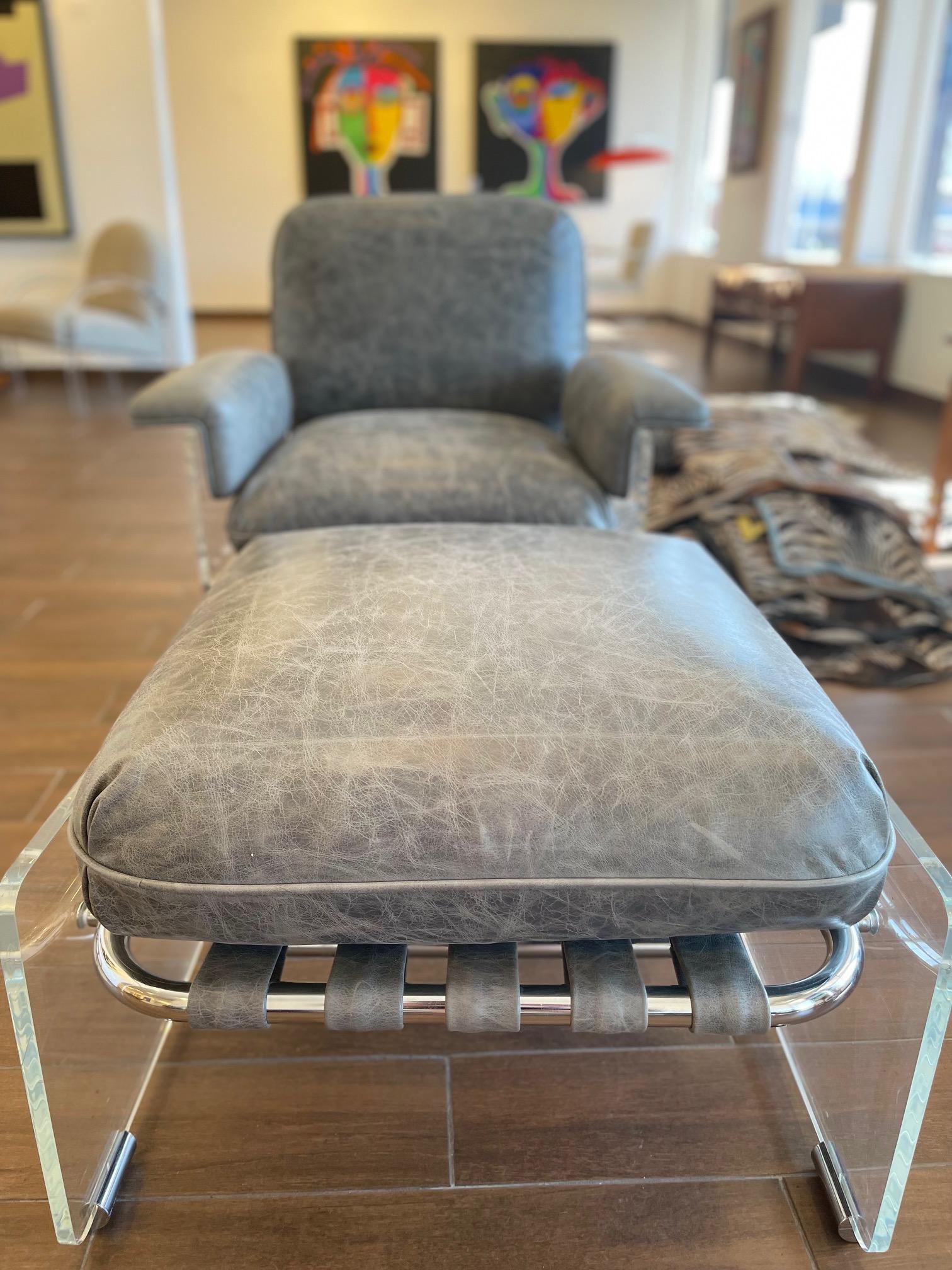 Mid-Century Modern Vintage Pace Collection Argenta Lucite Chair and ottoman in Smokey Leather For Sale