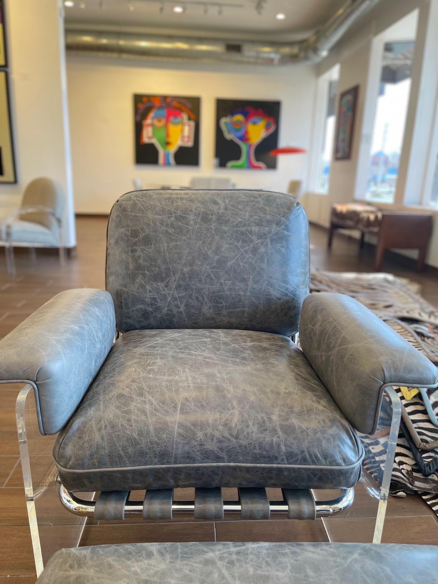 American Vintage Pace Collection Argenta Lucite Chair and ottoman in Smokey Leather For Sale
