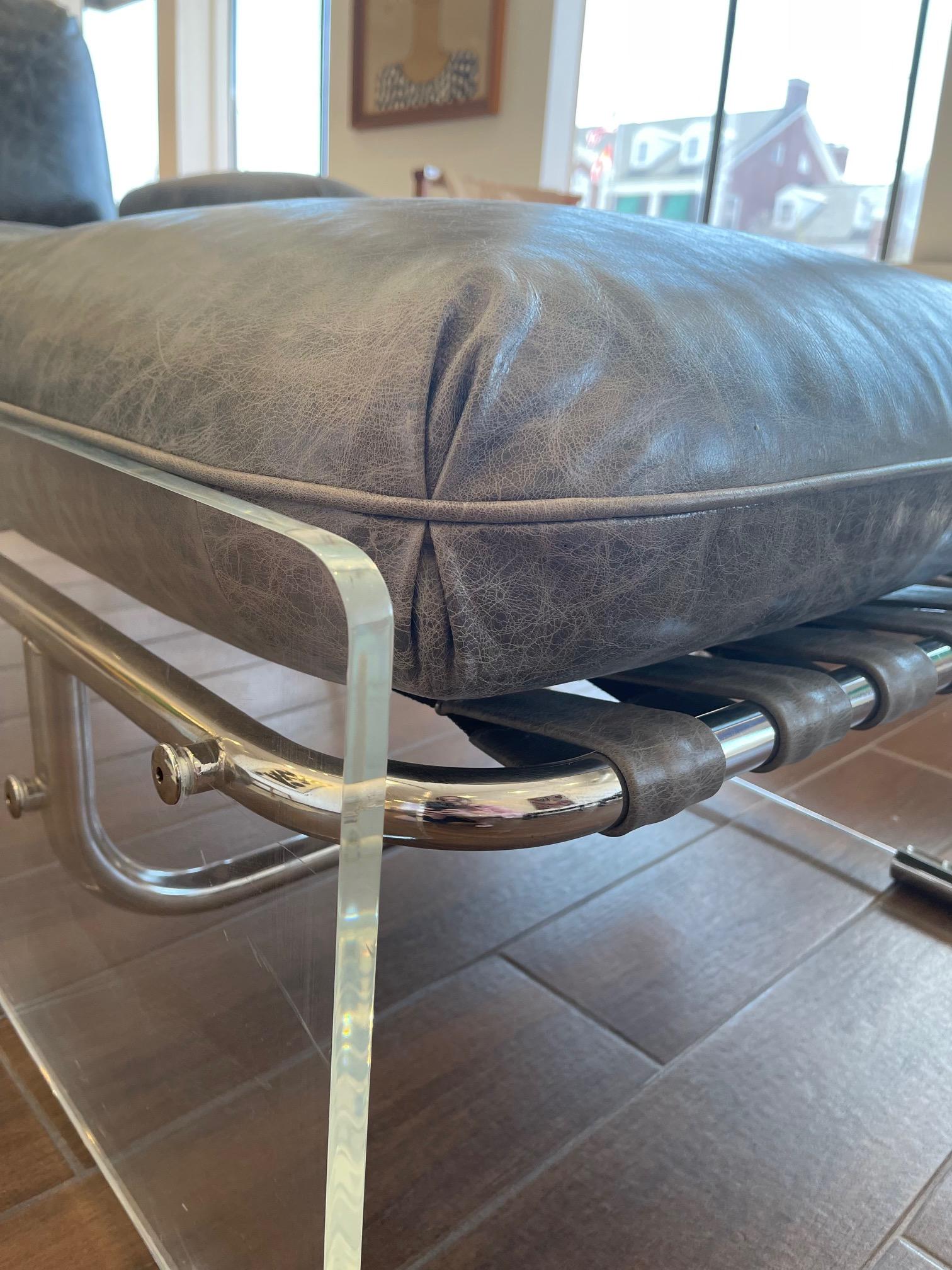 Late 20th Century Vintage Pace Collection Argenta Lucite Chair and ottoman in Smokey Leather For Sale
