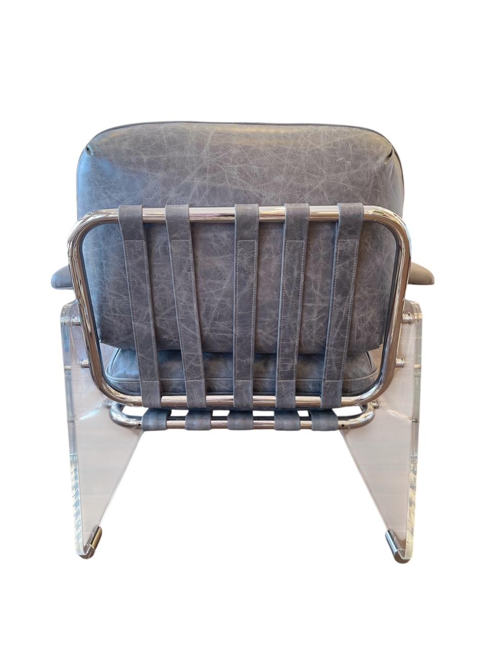 Vintage Pace Collection Argenta Lucite Chair and ottoman in Smokey Leather For Sale 1
